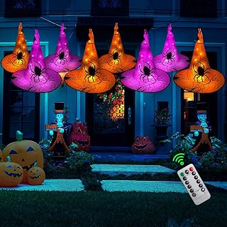Halloween Decorations 8 Pcs Lighted Hanging Witch Hats, Remote Control with 8 Modes Light Up 14 FT Halloween String Lights, for Indoor Outdoor Yard, Lawn, Graveyard Scenes Party