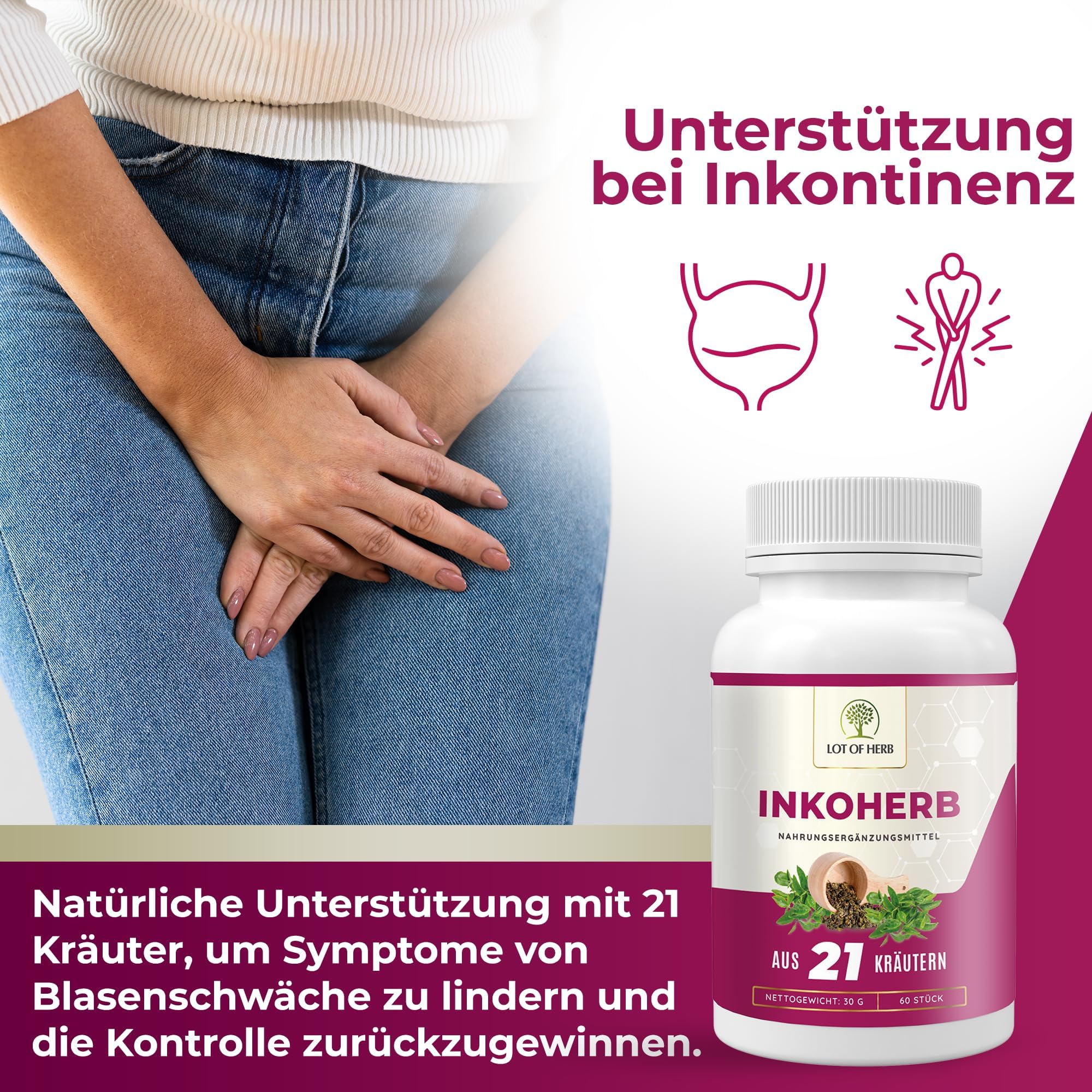 Inkoherb aus 21 Kräuter zur natürlichen Stärkung der Blasenfunktion - Kann bei Inkontinenz Blasenschwäche Harndrang unterstützen - Nahrungsergänzungsmittel für Frauen und Männer - 60Stk
