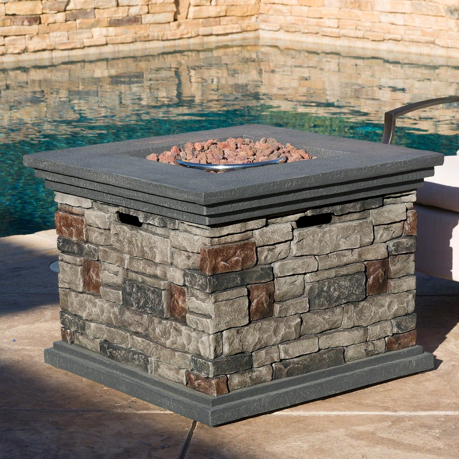 Christopher Knight Home Chesney Magnesium Oxide Square Gas Fire Pit, Stone Finish