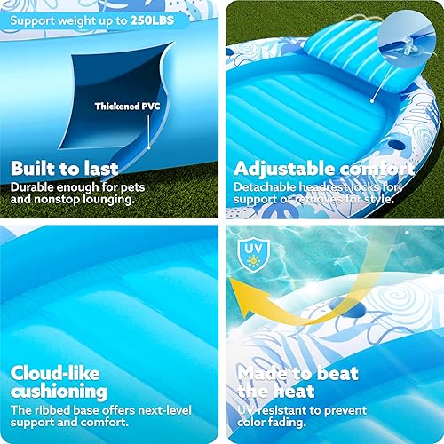 Miniatura 5 de Sloosh Flotador inflable para piscina, flotador ovalado de 70 x 50 pulgadas para adultos, flotadores de balsa para piscina, tumbona personal para