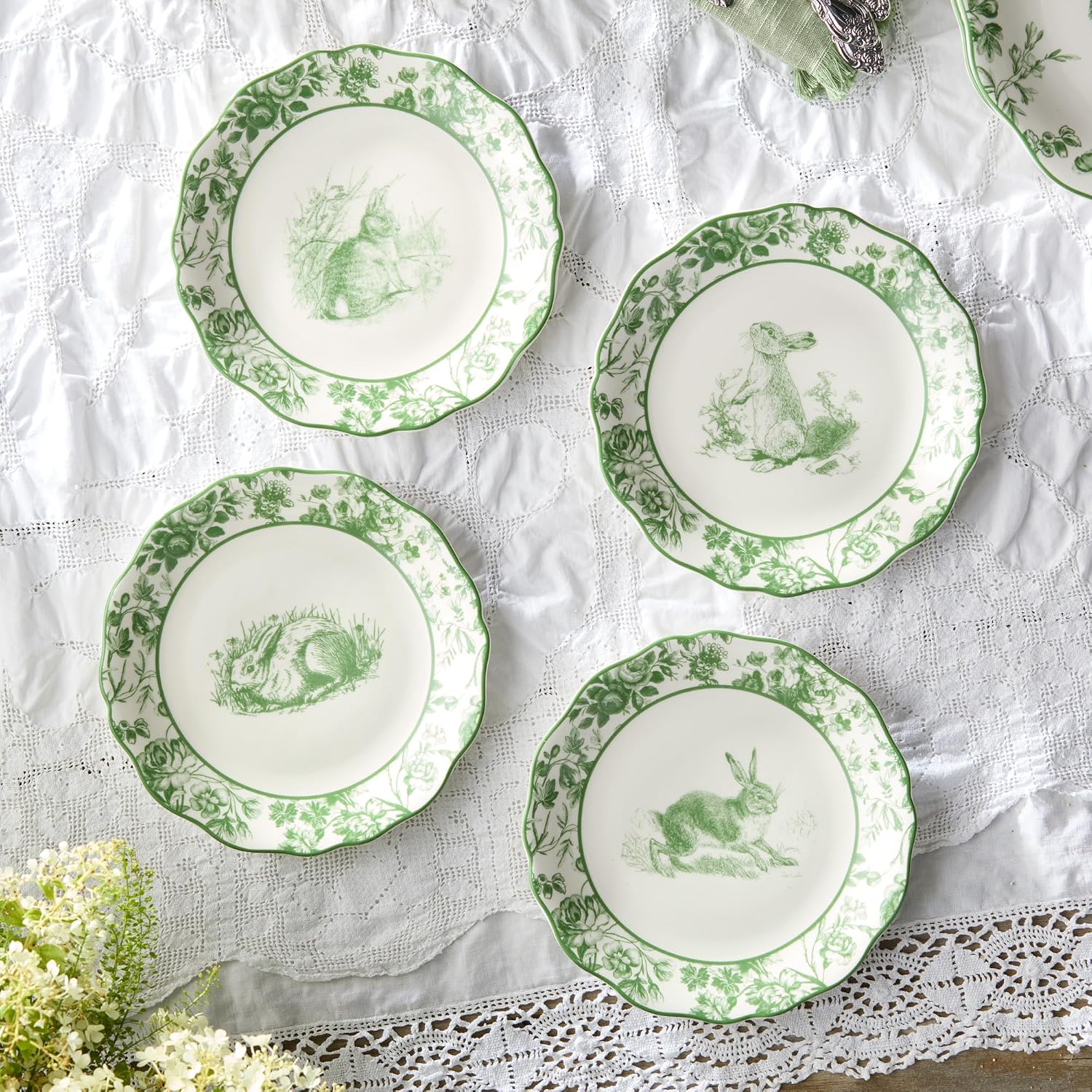 Le Jardin 8.5 Inch SALAD/DESSERT PLATES, SET OF 4 – Whimsical Bunny & Bloom Design for Appetizers, Sweets & Springtime Dining – Stoneware, Microwave & Dishwasher Safe