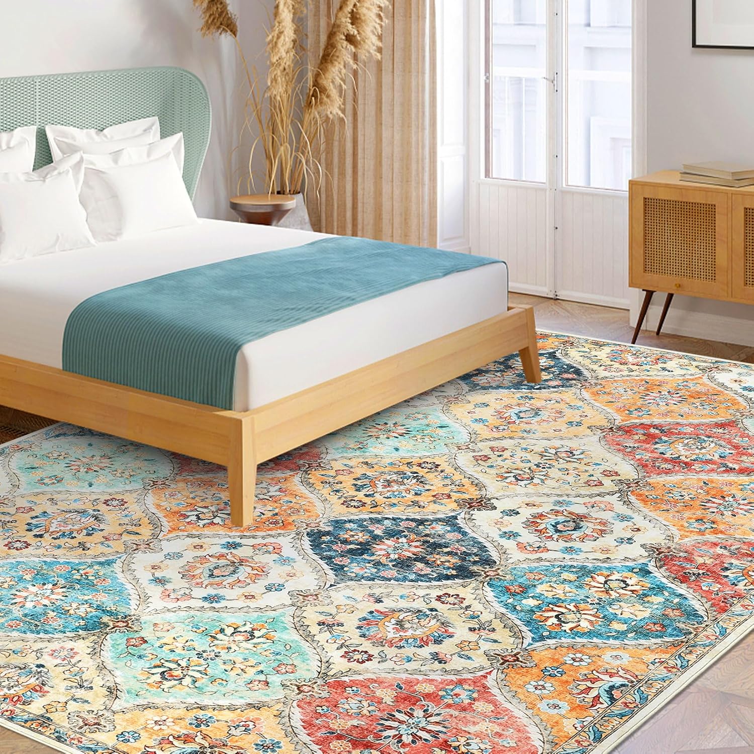 GAOMON Machine Washable Area Rug 5x7 Modern Trellis Area Rug for Living Room Bedroom Vintage Medallion Floral Non-Slip Stain Resistant Accent Rug Carpet for Home Decor, Cream/Multi