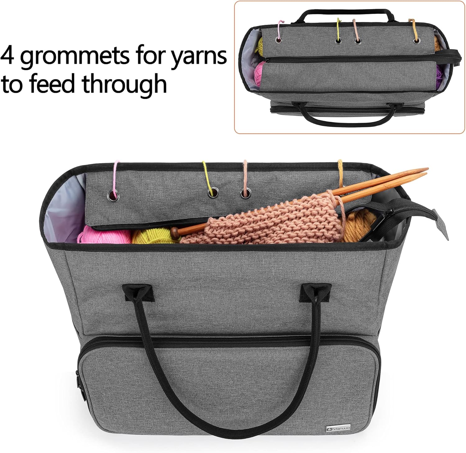 Yarwo Knitting Crochet Bag, Yarn Storage Tote Bag for WIP Projects, Yarn Skeins, Crochet Hooks and Knitting needles, Christmas & New Beginnings Gifts for Women, Gray (Bag Only, Patent Pending)