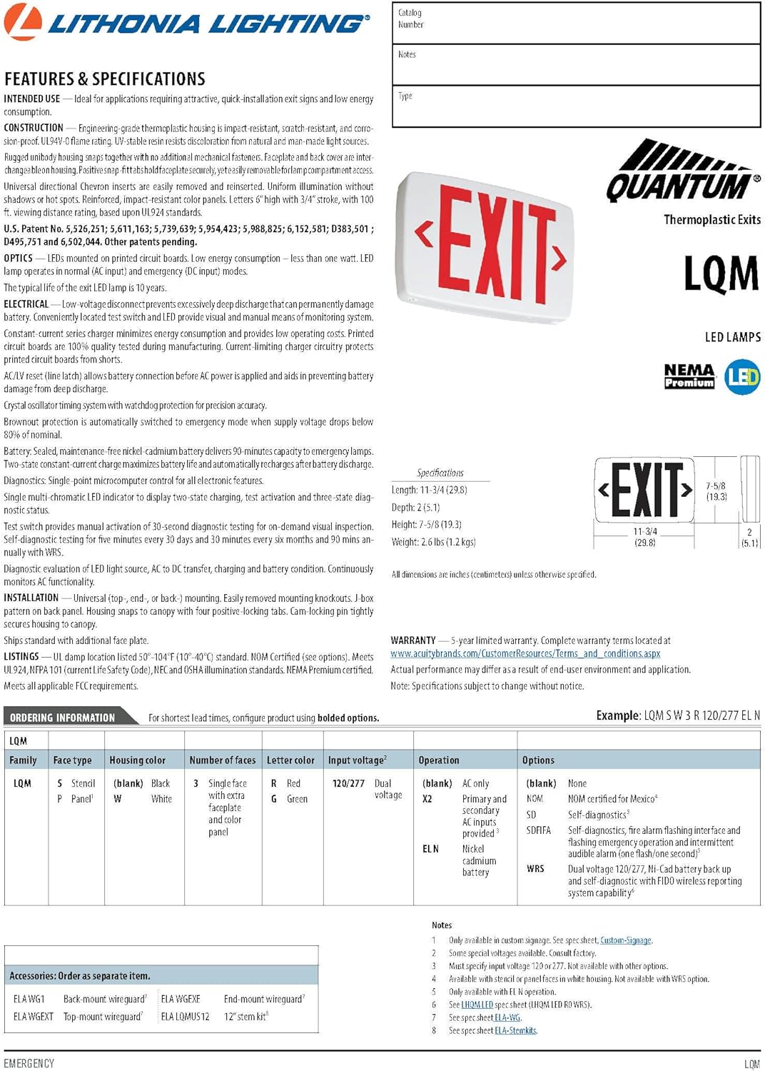 Lithonia Lighting LQM S W 3 G 120/277 EL N M6 Quantum Thermoplastic LED Emergency Exit Sign with Stencil-Faced White Housing and Green Letters with Nickel Cadium battery - Portable Work Lights - 