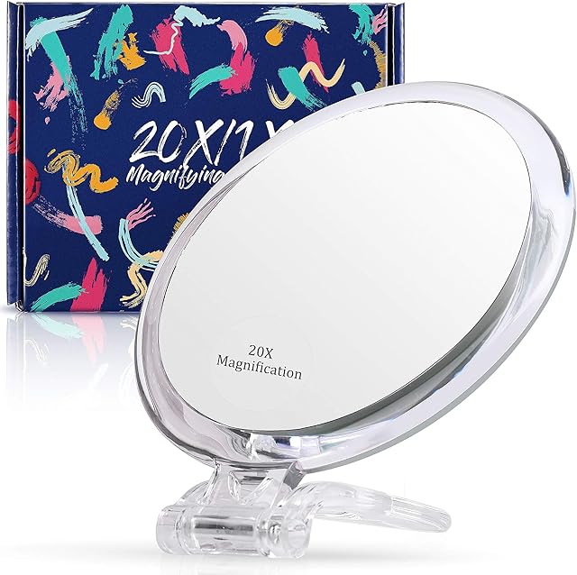 Magnifying Mirror 20x / 1x Two Sided, Double Sided Magnifying Mirror with Stand, Magnified Hand Mirror for Makeup, Blackhead/Comedone Removal (5inch,20X/1X, Silver)