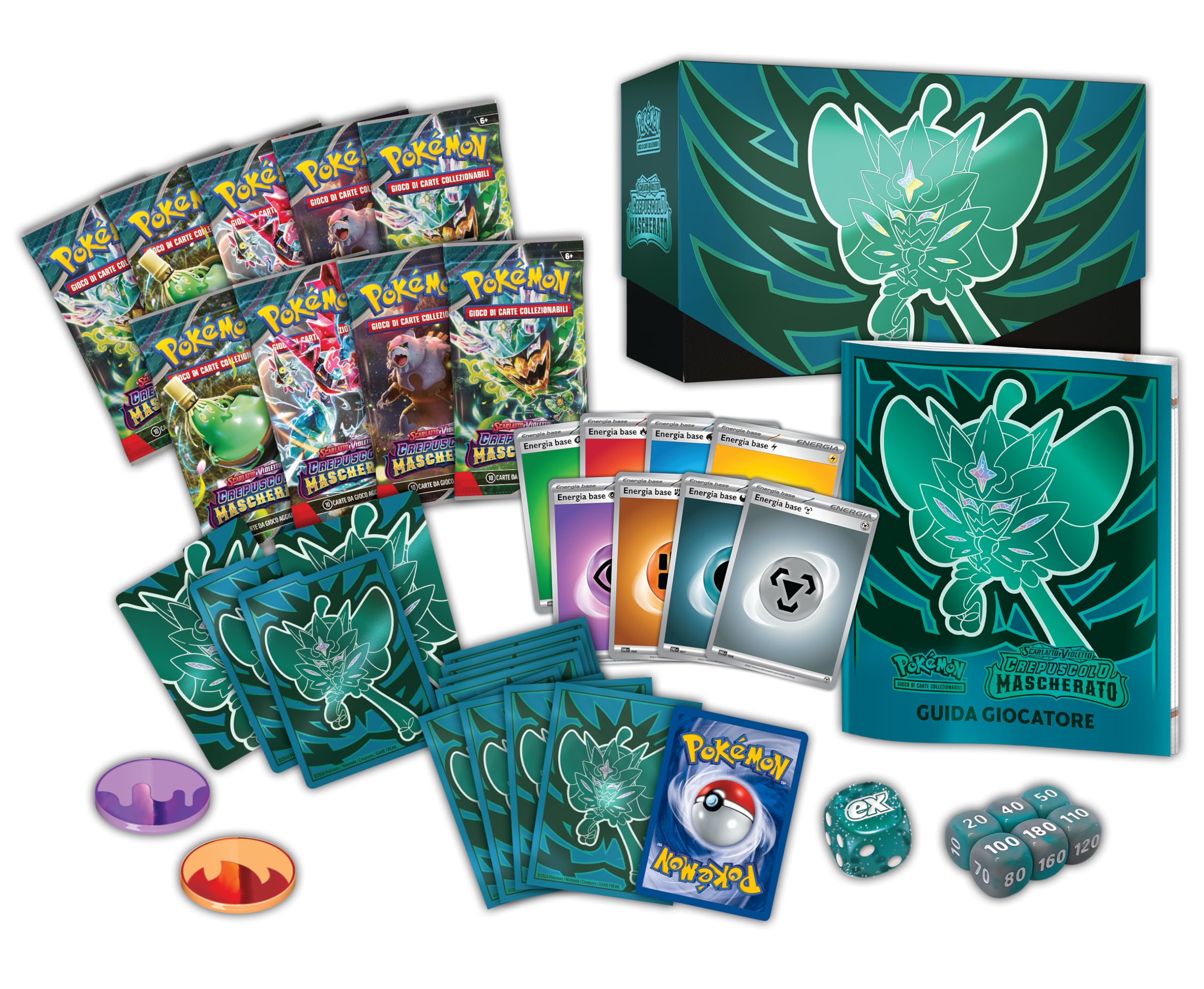 Set Allenatore Fuoriclasse dell’espans. Scarlatto e Violetto - Crepuscolo Mascherato del GCC Pokémon (1 carta promoz. di Ogerpon Maschera Turchese, 9 buste di espans. e accessori premium), italiano