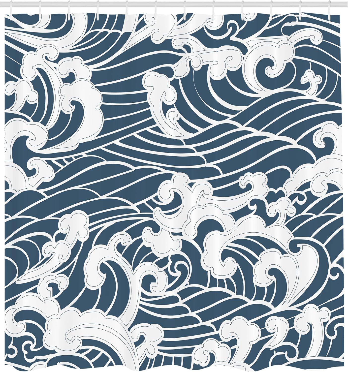 Ambesonne Japanese Wave Shower Curtain, Hand Drawn Traditional Style Aquatic Doodle River Storm Retro Abstract, Cloth Fabric Bathroom Decor Set with Hooks, 69" W x 70" L, Slate Blue