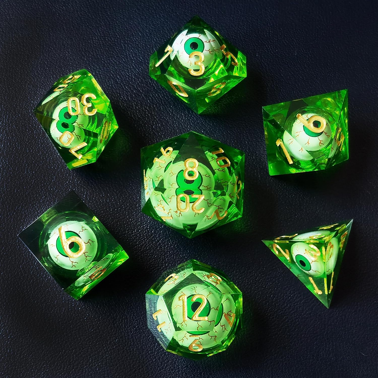 BESCON DICE Sharp Edged Liquid Core Rolling Eyeball Polyhedral Dice Set - Razor Edge Polyhedral Dice with Rolling Eyeball Inside (7pcs RPG Dice Set with Green Eye)