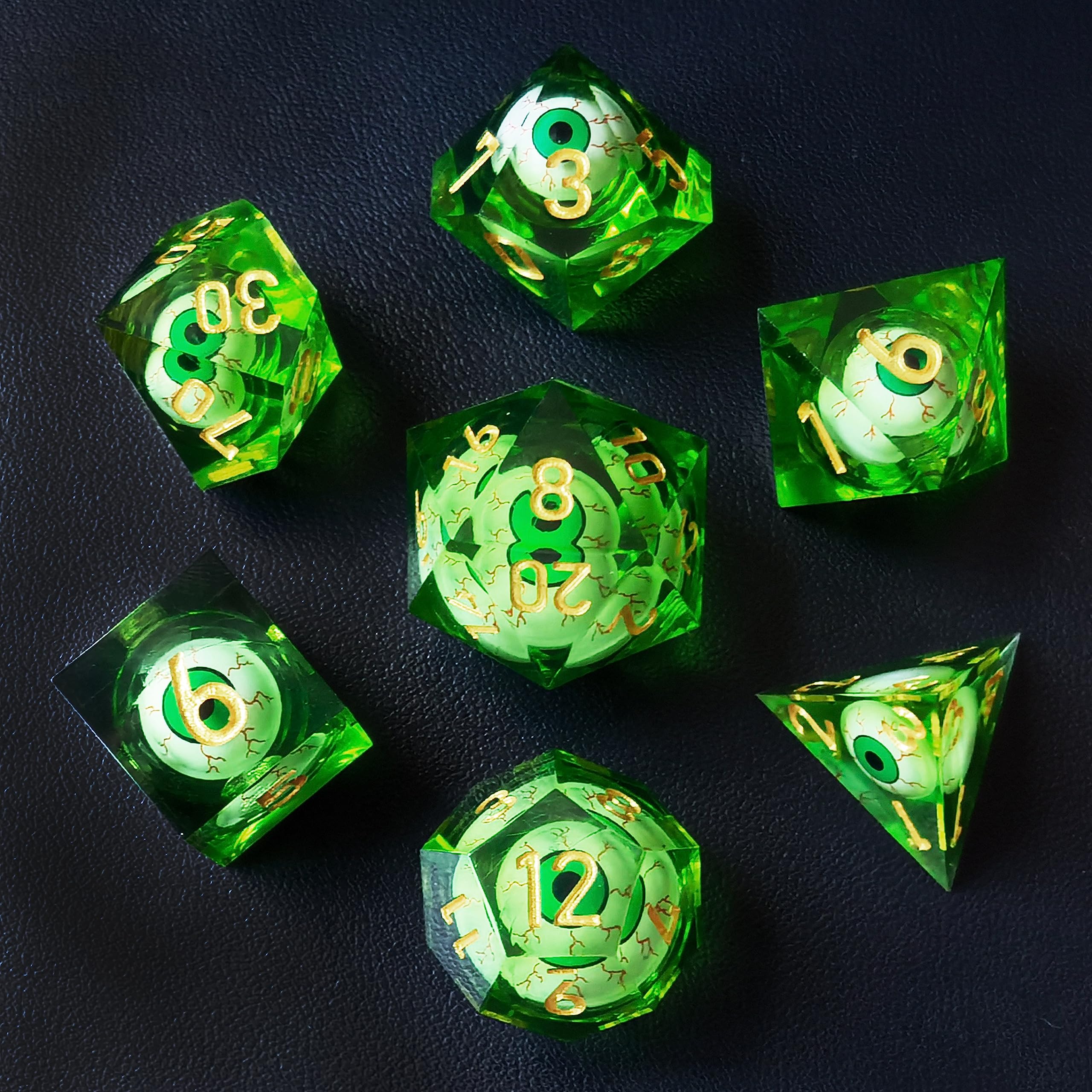 BESCON Sharp Edged Liquid Core Rolling Eyeball Polyhedral Dice Set – Razor Edge Polyhedral Dice with Rolling Eyeball Inside (7 szt. RPG Dice Set with Green Eye)