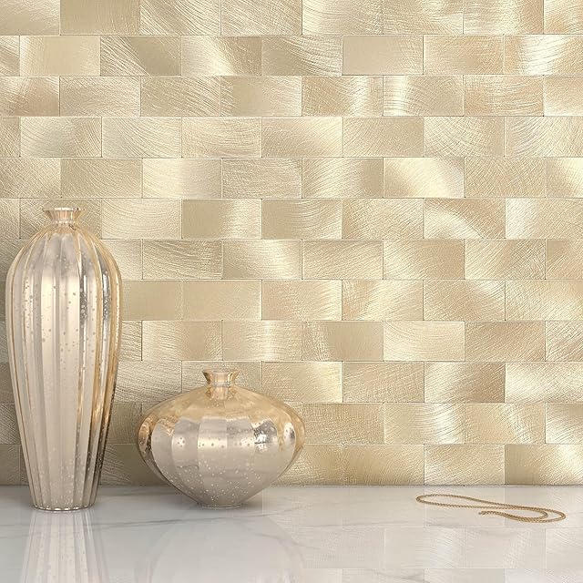 VAOVI Stick on Tiles Kitchen,Backsplash Stickers Self Adhesive Wall Tiles Metal Mosaic Tiles(10sheets,Gold)
