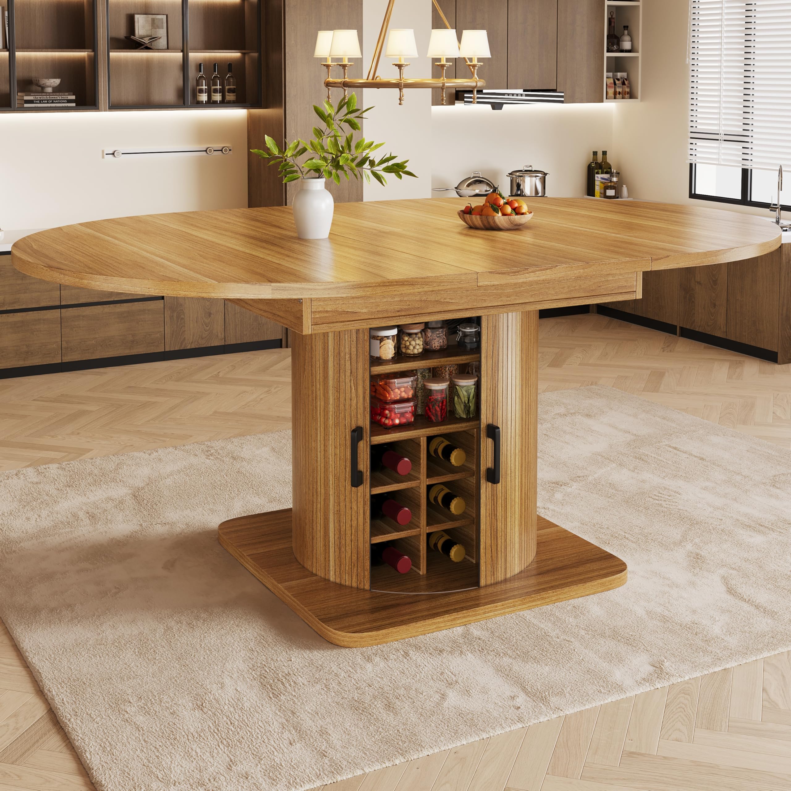 Mesa de Comedor Extensible Redonda con Estante y Botellero Desmontable, Mesa Redonda Extensible para Espacio Reducido y Comedor, Mesas Redondas Extensibles, 118-158x118x76 cm, Marrón Oscuro