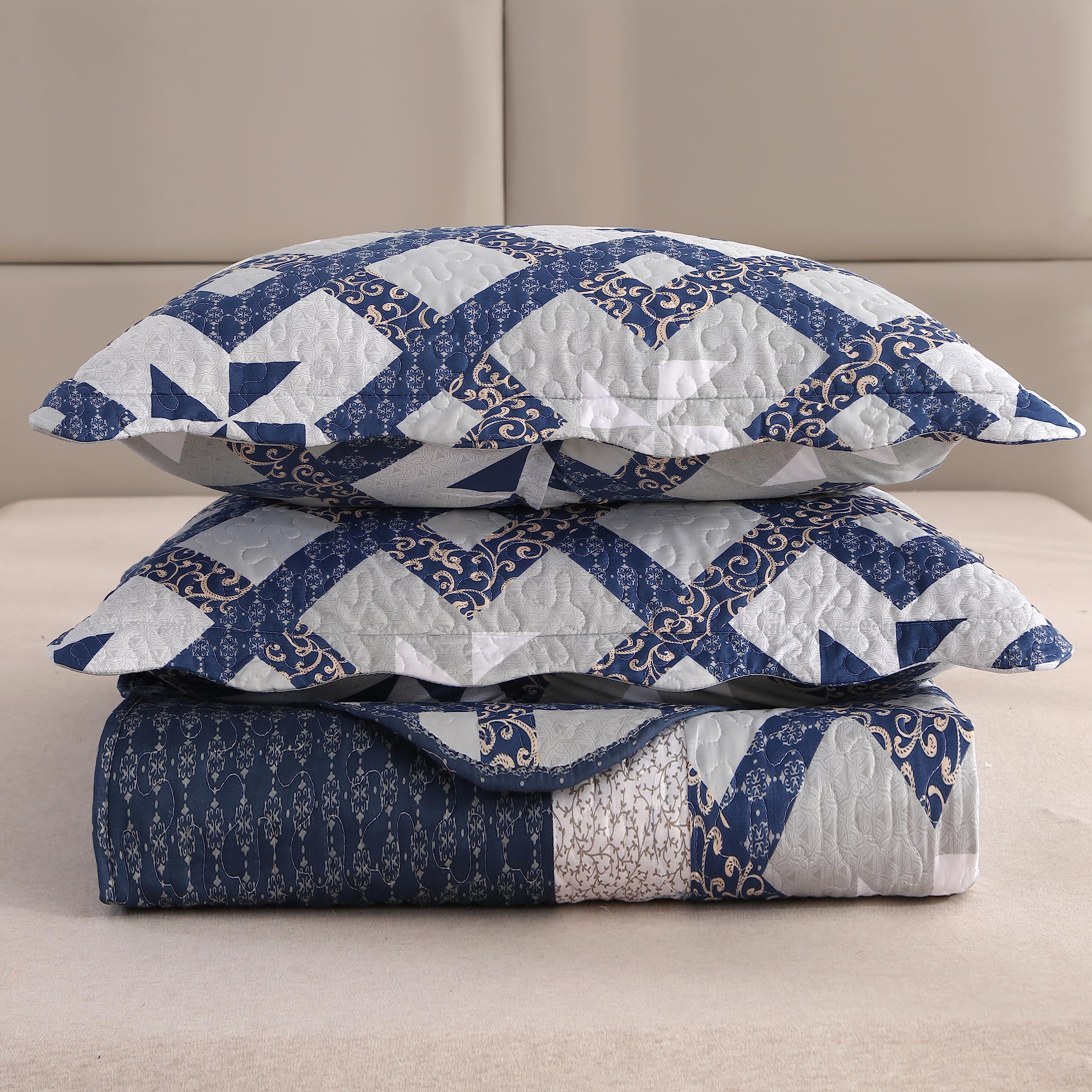 Qucover Colcha Cama 180,Cubrecama 270x250cm Patchwork Etnico Algodón y Microfibra Suave, Colcha Azul Reversible Manta Cama con 2 Fundas de Almohada para Todas Las Estaciones