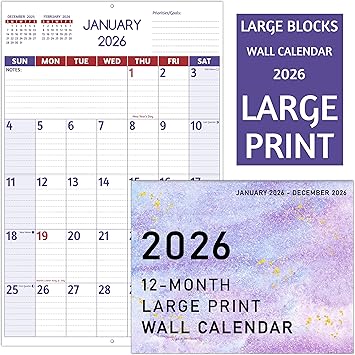 2026 Wall Calendar - Large Print Calendar 2026, 12 Monthly Calendar, Jan. 2026 - Dec. 2026, 14.6 x 22.8 In Open, 2026 Calendar with Big Numbers, Large Grid, Notes, Moon Phases, Great for Planning