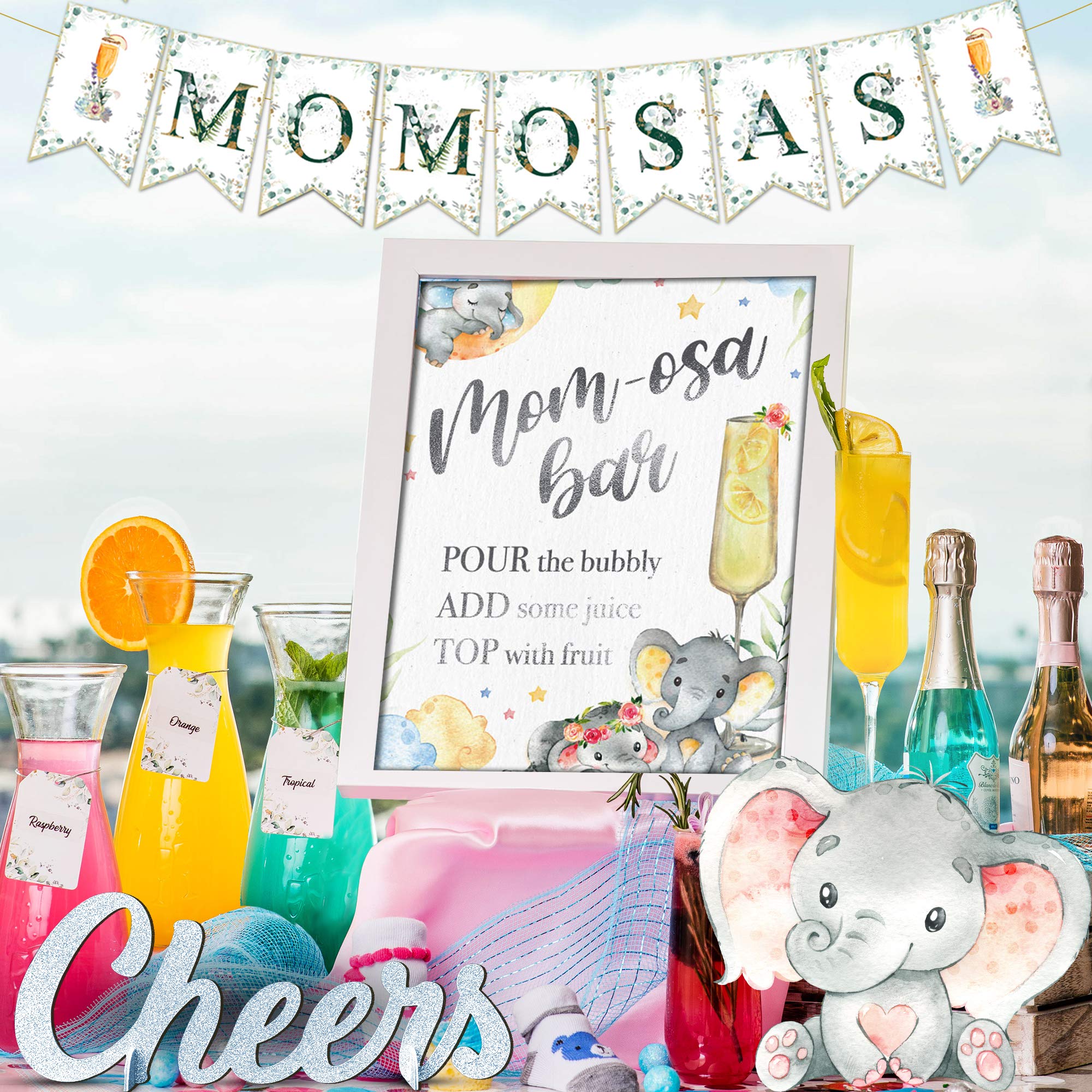 Elephant Momosa Bar Kit - Baby Elephant Baby Shower Decorations for Boy Girl or Neutral Gender Reveal Party, Grey Little Peanut Elephant Decor, Pink Blue Silver Mimosa Bar Sign Banner Set (Elephants)