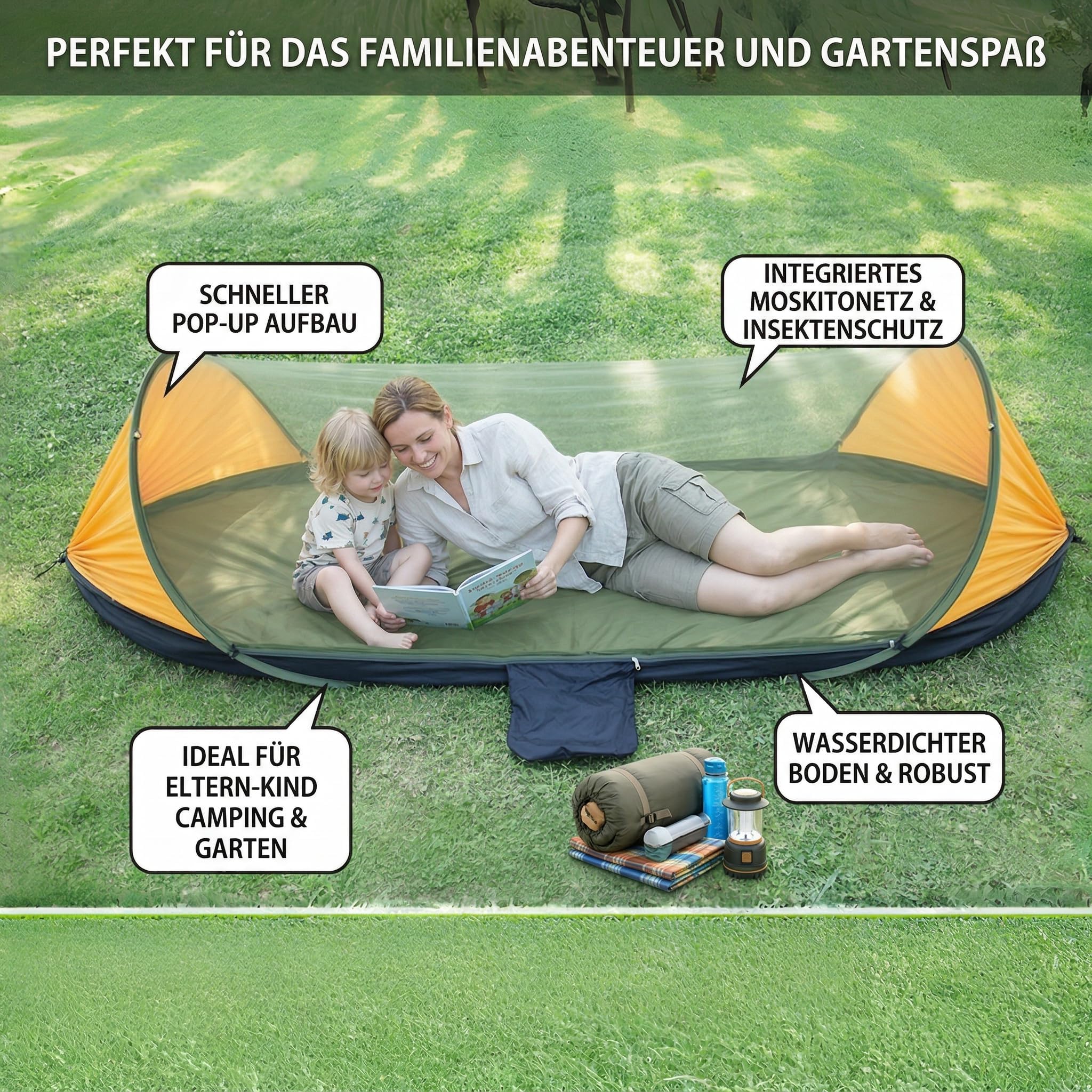 Familien Hängematte mit Moskitonetz, Sonnenschutz & Windschutz, Ultraleicht für 2 Personen, Eltern mit Kind, Garten, Balkon & Camping,200 kg Tragkraft, 290×140 cm (Gelb-Schwarz)