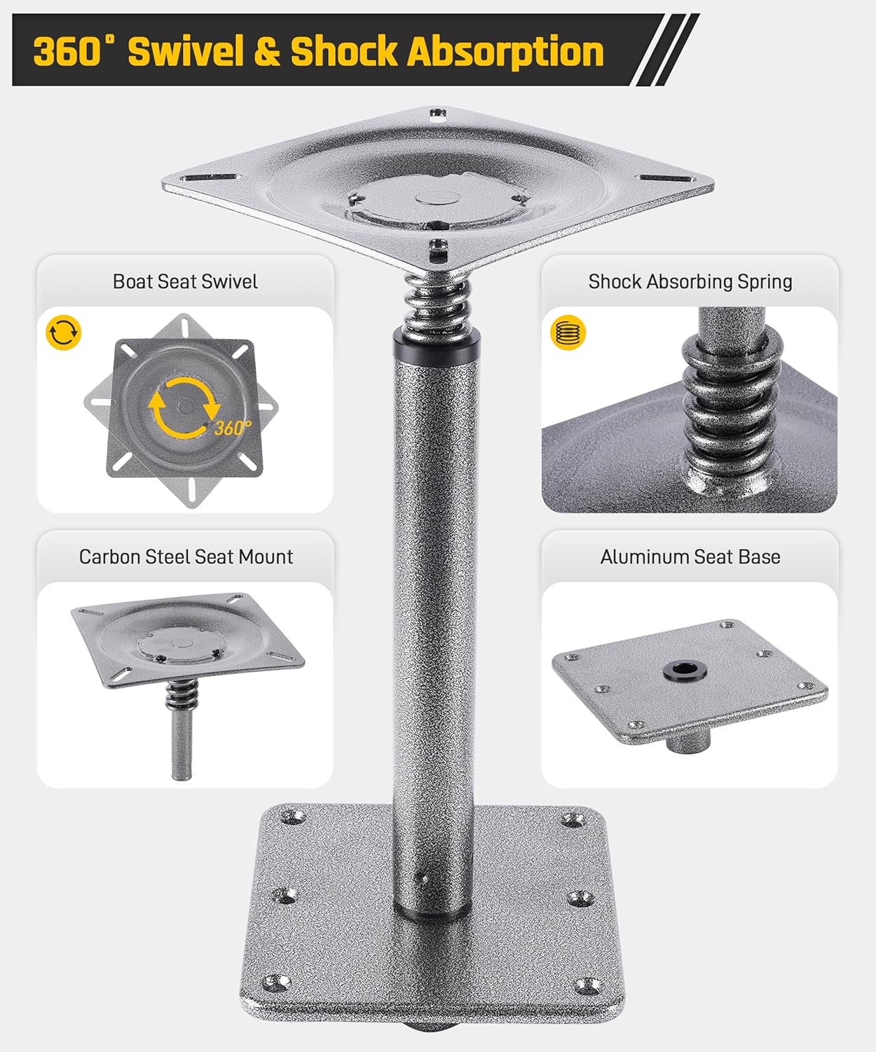 Wyckoff Boat Seat Pedestal Base Mount Kit, 7" x 7" Heavy-Duty Aluminum Base, 3/4" Pin Post & Locking Swivel Mount, Corrosion-Resistant Marine Pedestal Plate for Pontoon Fishing Bass Boats