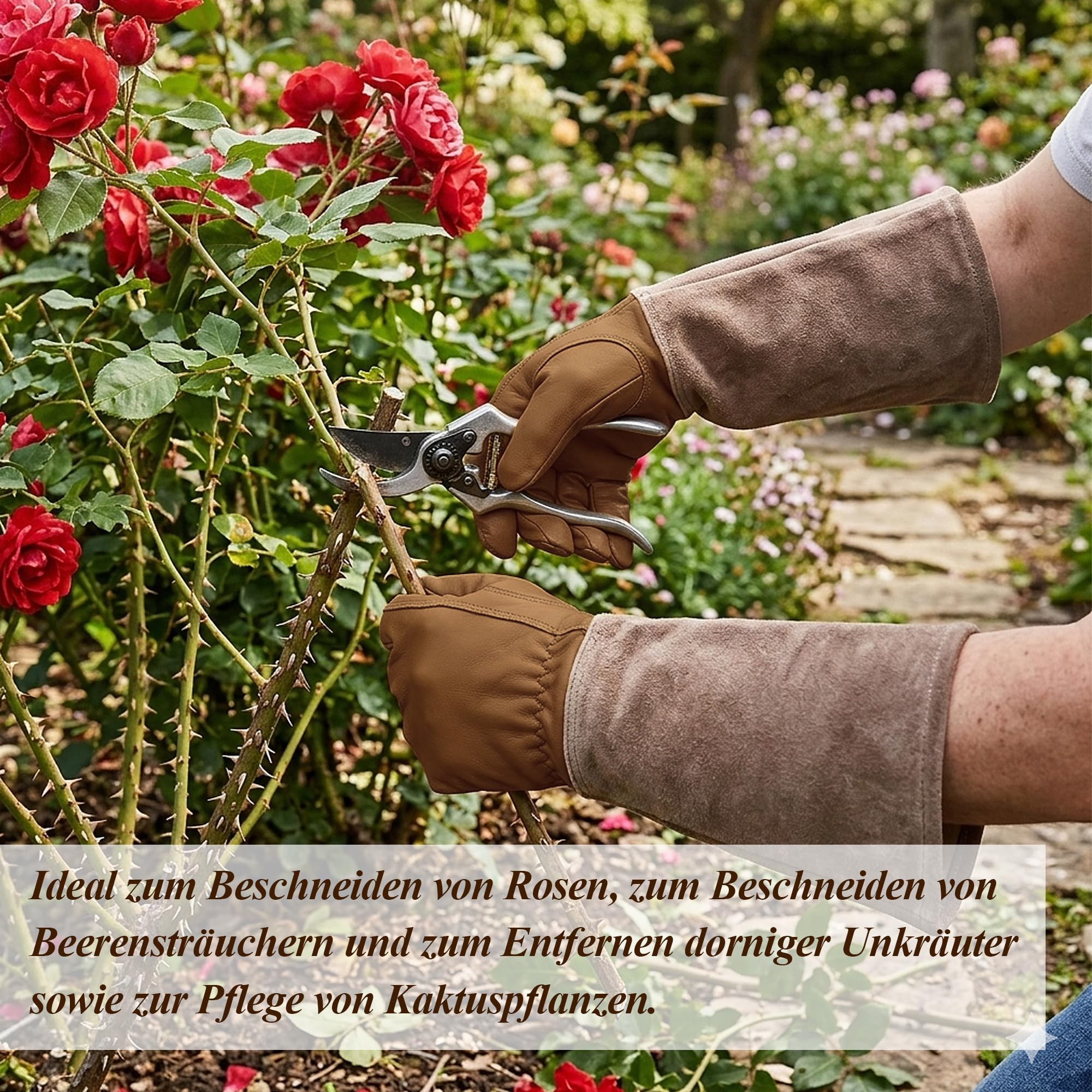 Guanti da giardino in pelle, resistenti alle spine, con palmo in pelle di capra e risvolto in pelle bovina, per giardino, rose, arbusti e alberi da frutto (marrone, M)