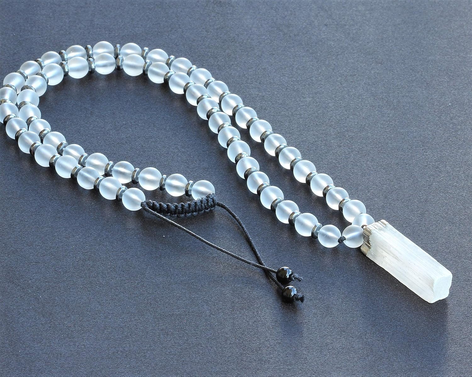 Natural Raw Selenite Pendant Necklace Natural Quartz Beads Macrame Beaded Necklace Adjustable Long Necklace Women's Necklace