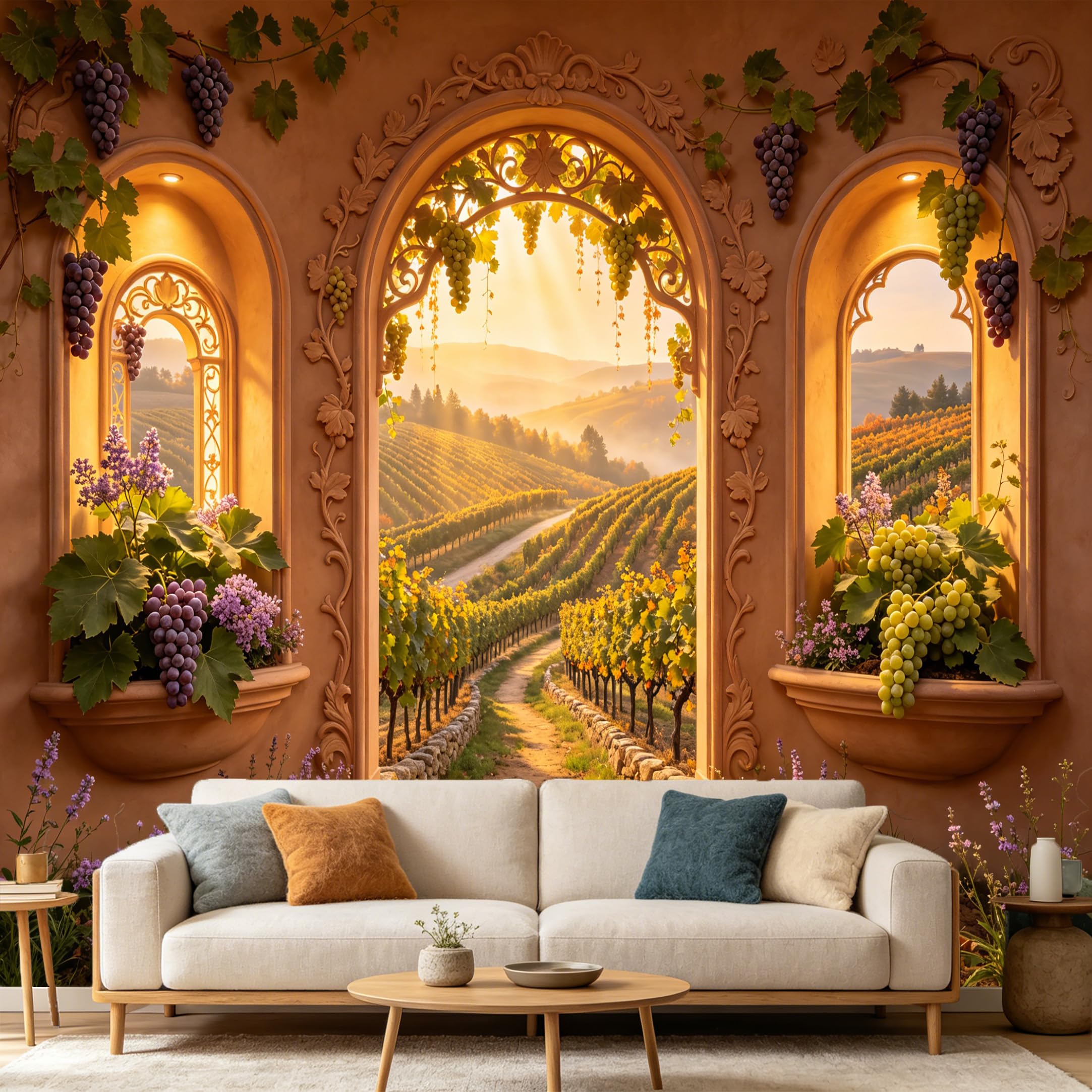 Custom Size Wall Mural， Tuscany Vineyard Sunset Archway Landscape Oil Painting， SelfAdhesive Art Prints wall Fabric Removable Large Wallpaper Home Living Room Decor