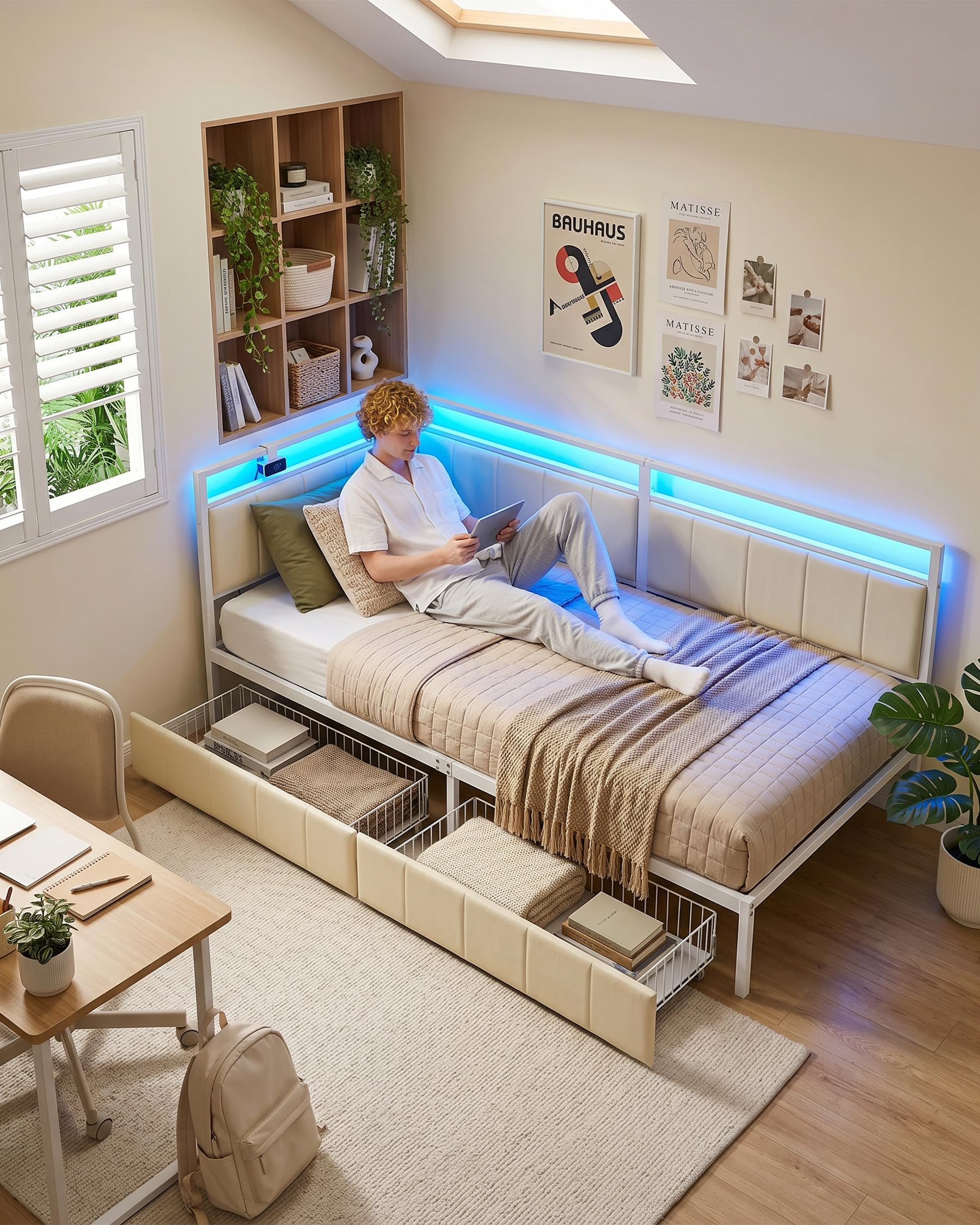 Cama para adolescentes, 90 x 200 cm, sofá cama, cama de día con almacenamiento, cama tapizada con cabecera acolchada, marco de cama de metal, blanco/beige, terciopelo