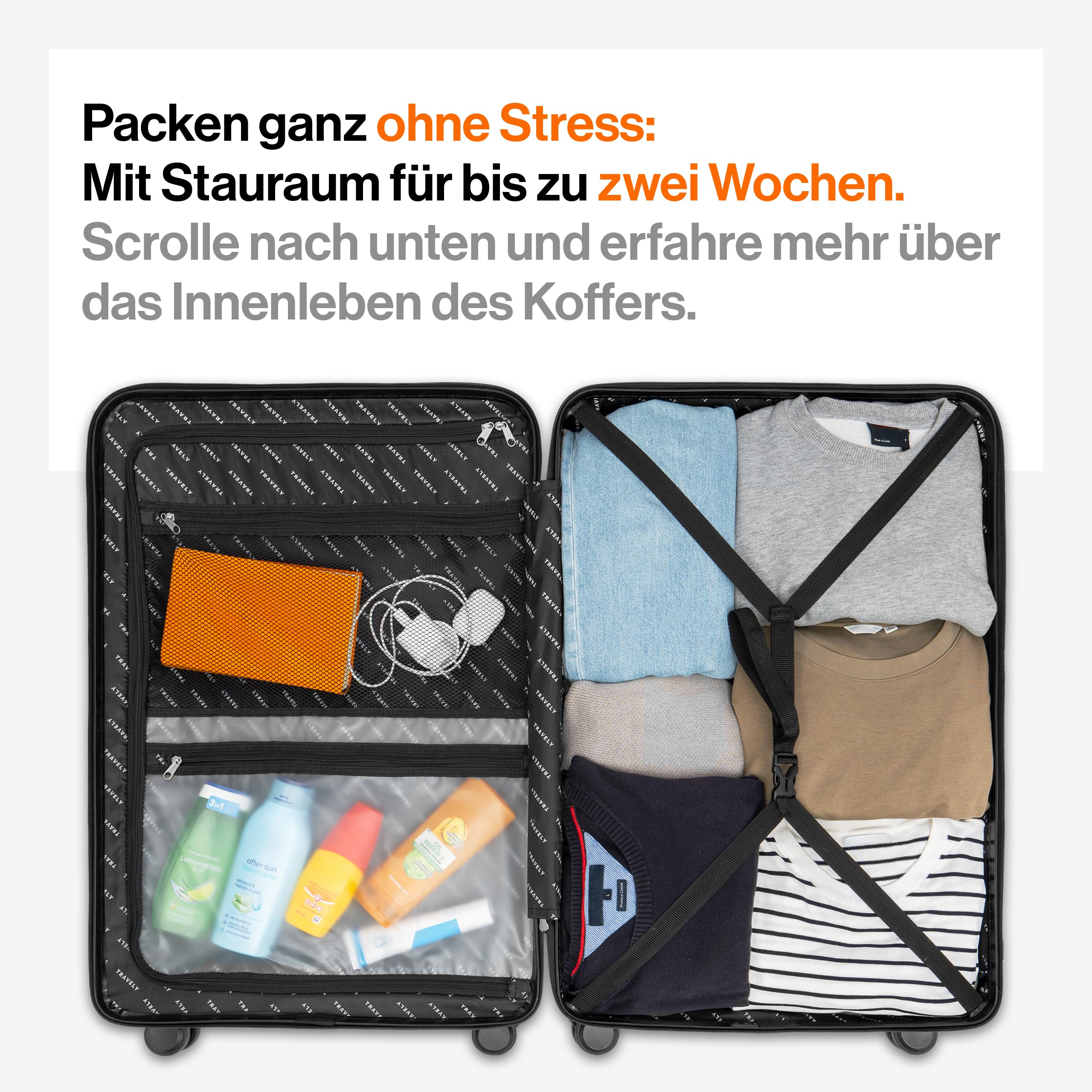 Travely Polycarbonat Koffer Groß 77cm XL - 100L Innenvolumen - 158cm Gurtmaß, sehr robuster Hartschalenkoffer mit sanften Rollen & TSA Schloss, Reisekoffer, Handgepäck Koffer, Reisekoffer mit Rollen