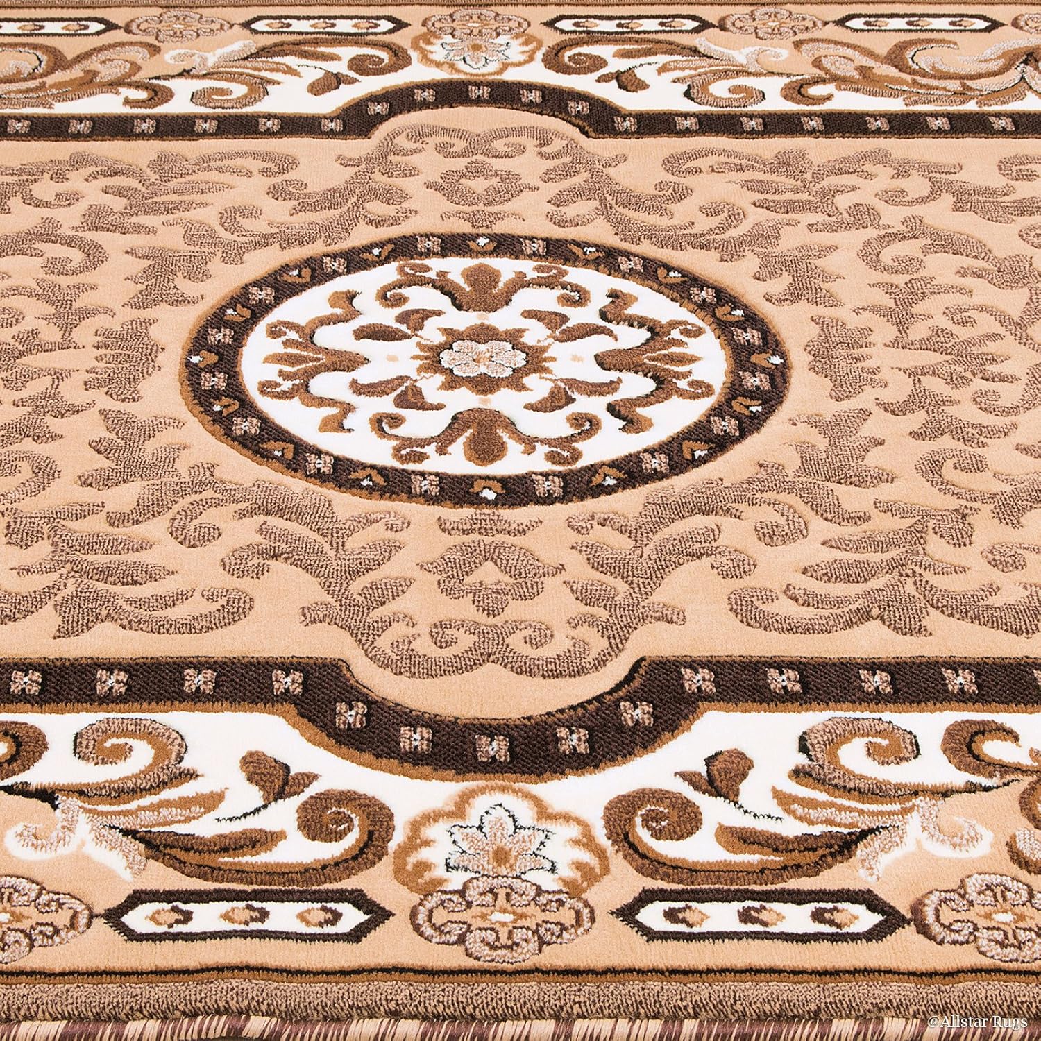 Allstar 5x7 Beige and Ivory Classic French Country Machine Carved Effect Rectangular Accent Rug with Mocha and Espresso Bordered Medallion Design (5' 2" x7' 1")