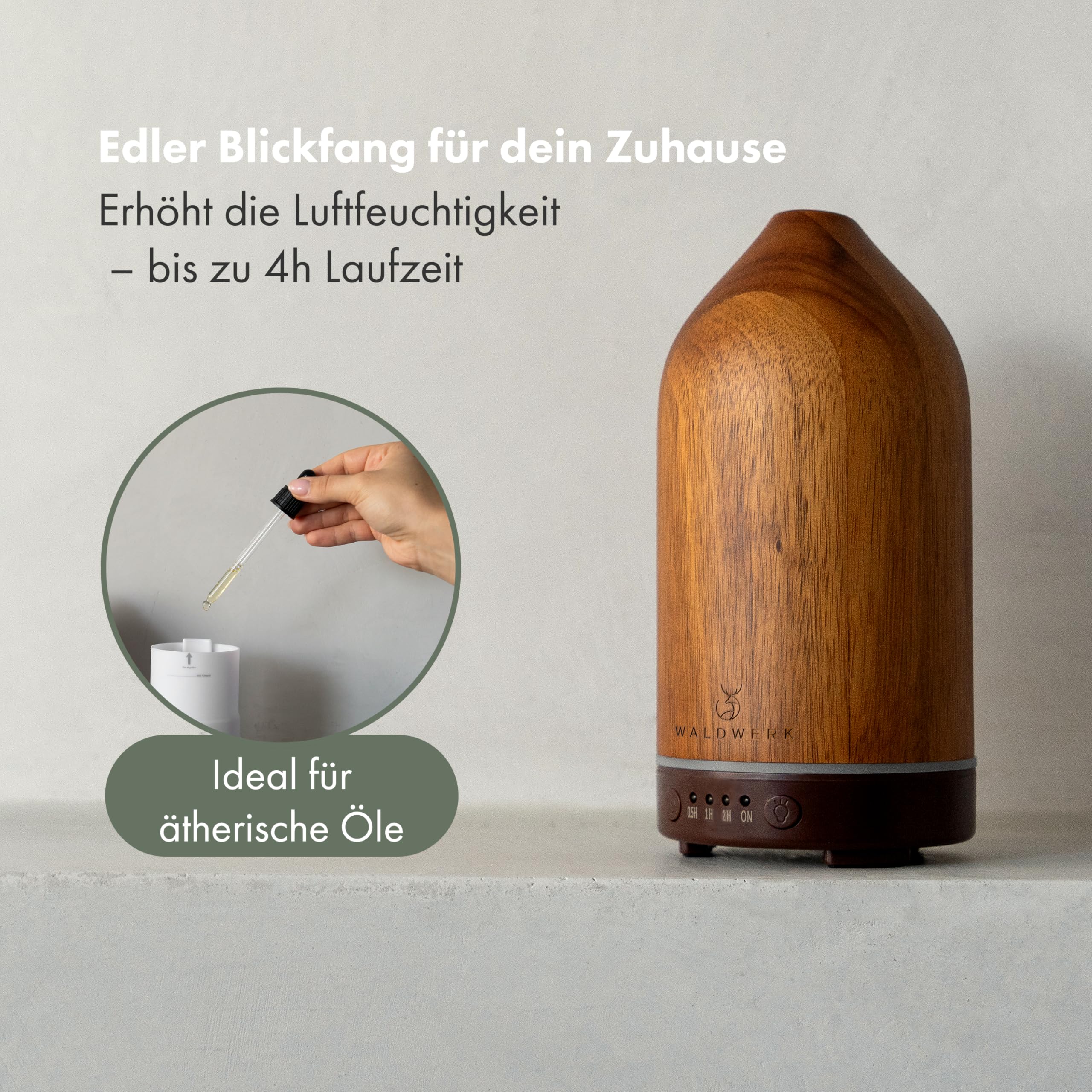 WALDWERK Diffuser (100ml) aus edlem Akazienholz - Aroma Diffuser für ein angenehmes Raumklima - Diffuser für Ätherische Öle - Duftöl Diffuser - Duftlampe für Aromatherapie - Luftbefeuchter
