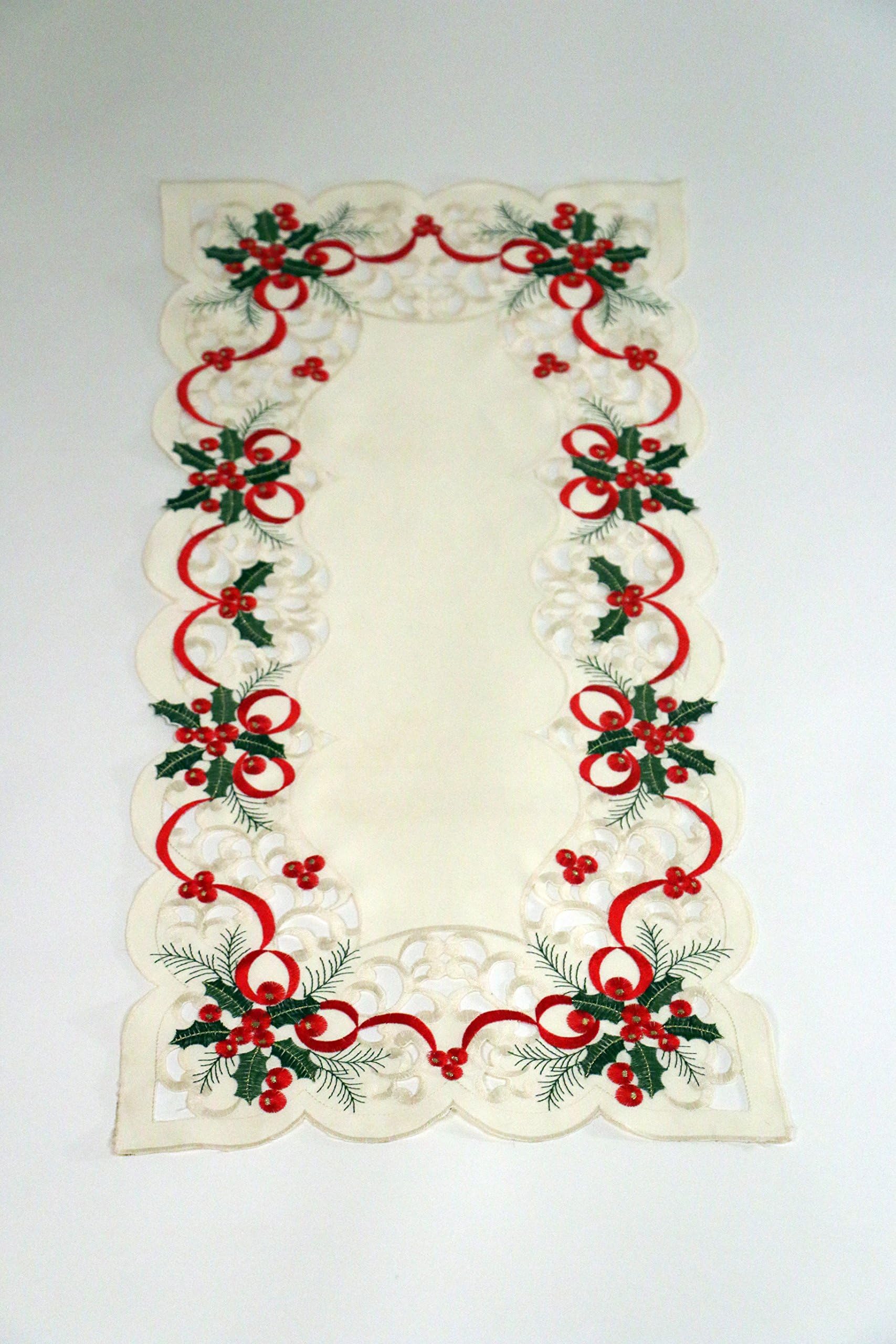 Embroidered Holly/Ribbons Christmas Table Runner – 36” Hand Cutwork Home Decor Linens/Centerpiece - Parties, Entertainment & Holiday Gift