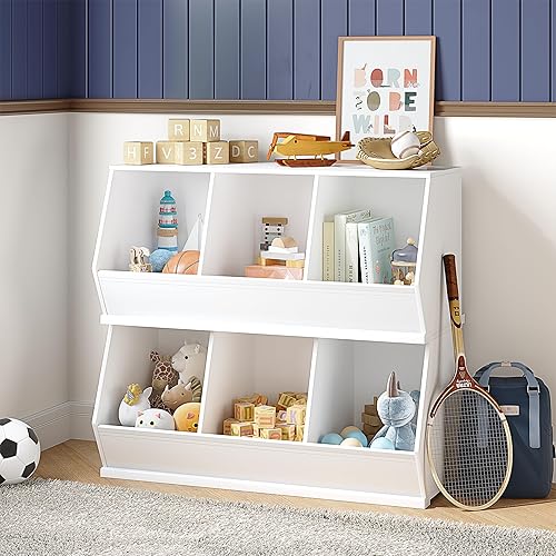 Miniatura 4 de UTEX Armario apilable de almacenamiento de juguetes, organizador de cubos de madera, estante blanco para sala de juegos, dormitorio, sala de estar,