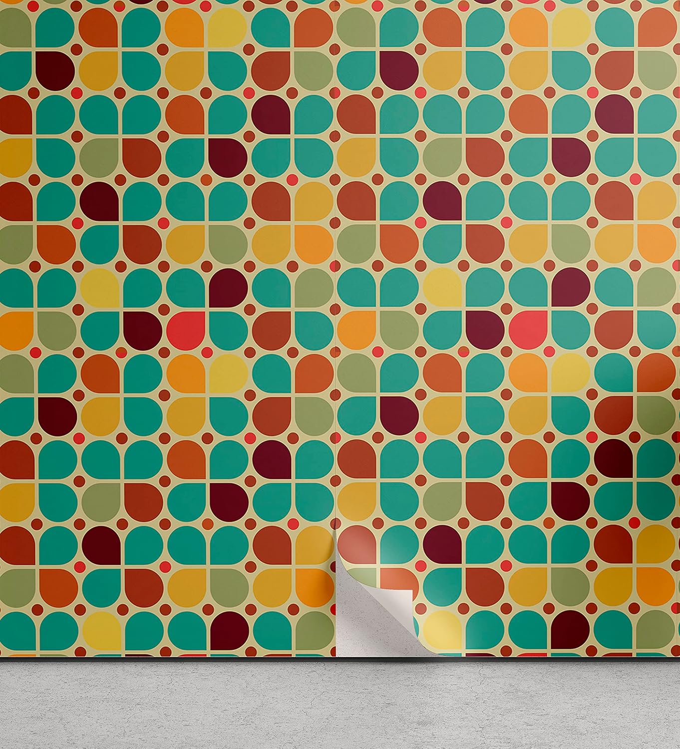 Ambesonne Retro Peel & Stick Wallpaper, Polka Dotted Background Ornamental Colorful Abstract Petals Vintage Inspirations, Self-Adhesive Living Room Kitchen Accent, 13" x 100", Beige Turquoise Orange