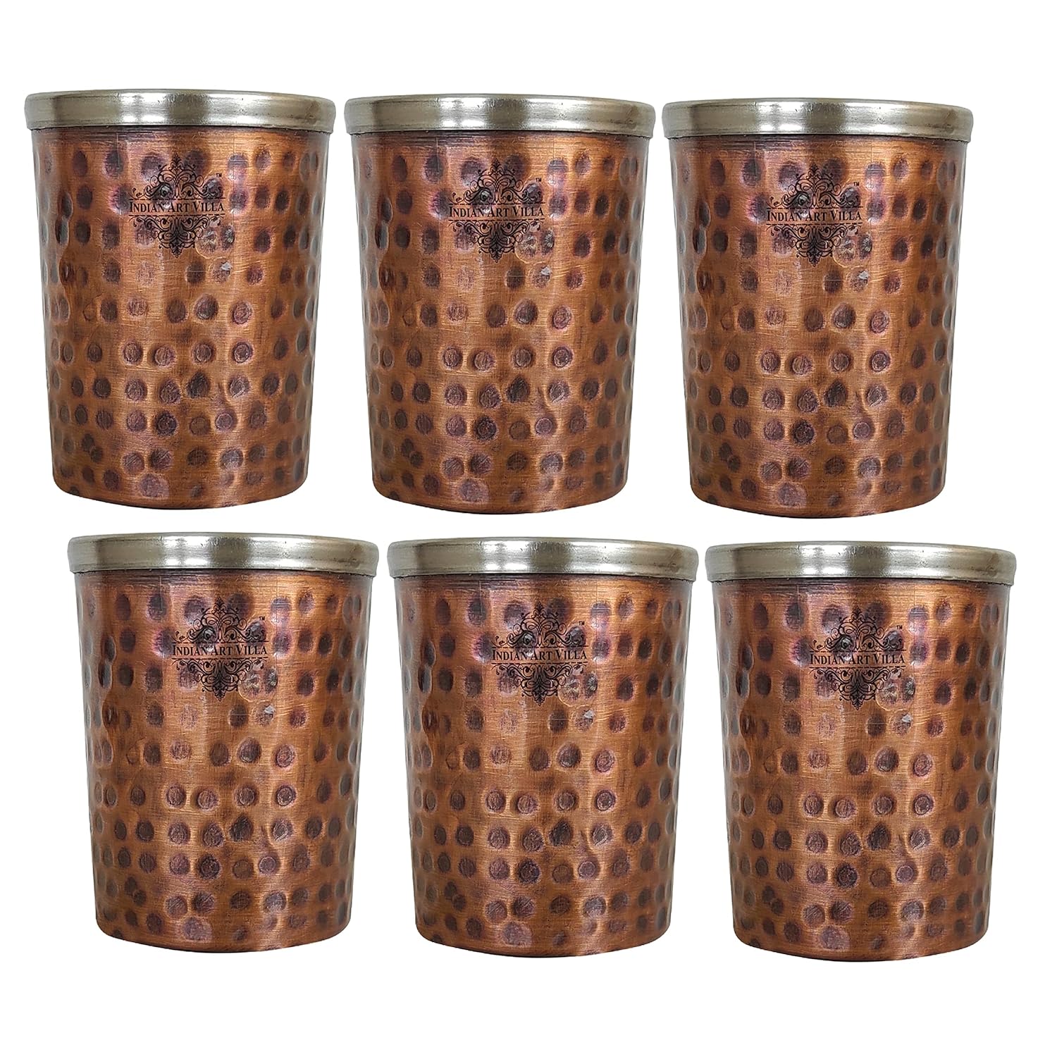Indian Art Villa Steel Copper Flat Hammered Antique Dark Tone Design Glass Tumbler Volume-10 Oz Drinkware Serveware Set
