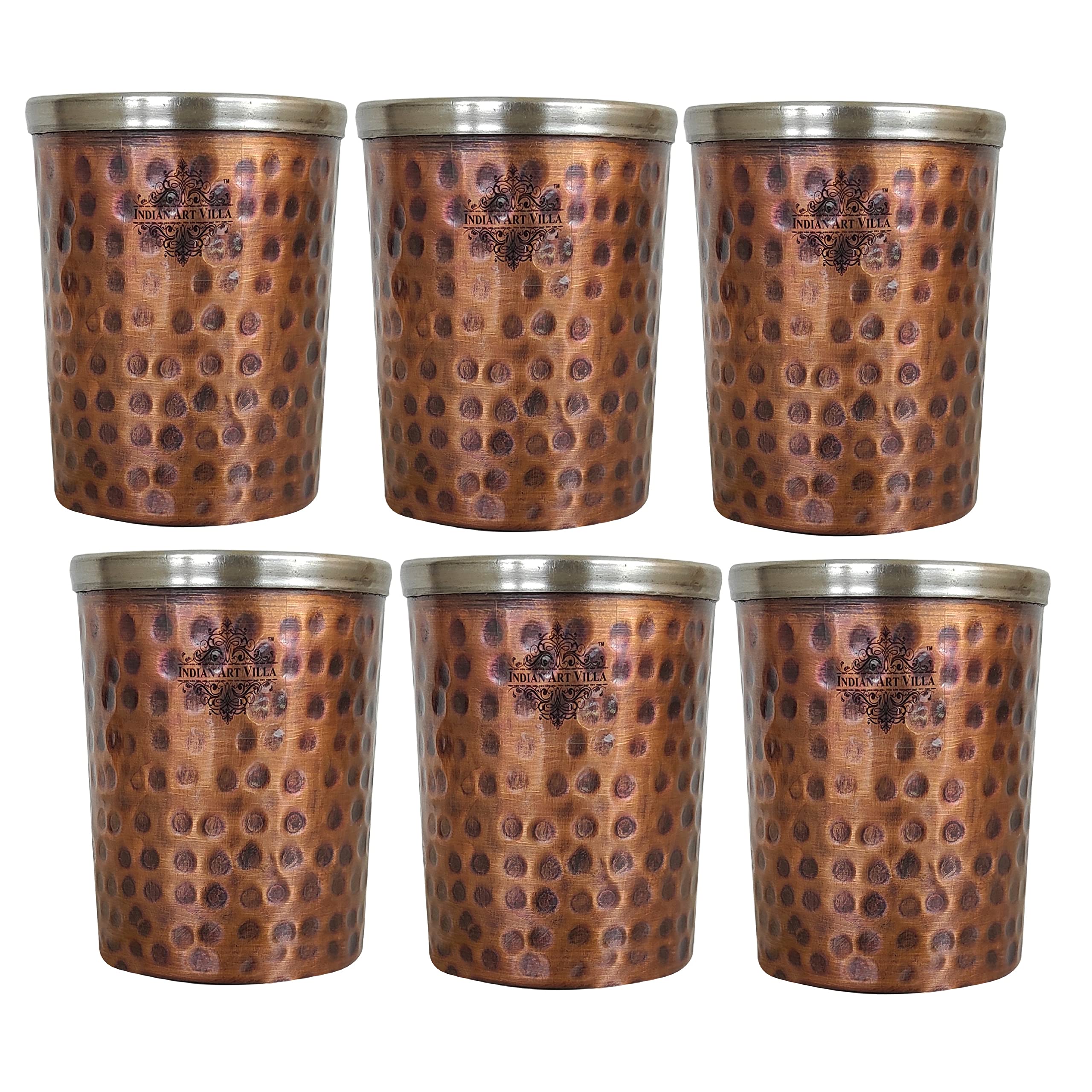Indian Art Villa Steel Copper Flat Hammered Antique Dark Tone Design Glass Tumbler Volume-10 Oz Drinkware Serveware Set