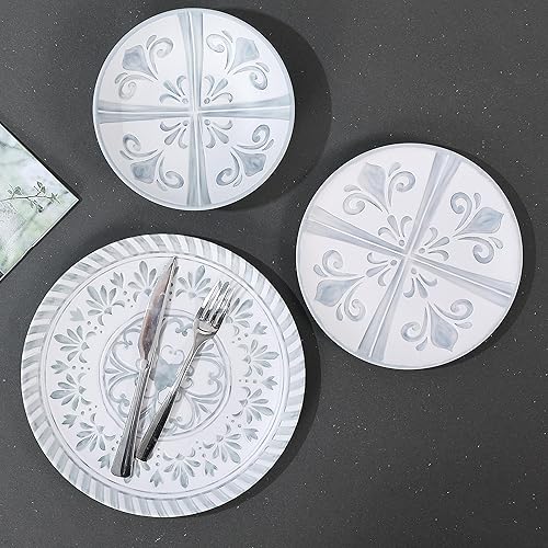 Miniatura 4 de Yinshine Juego de vajilla de melamina, juego de 12 platos y cuencos en relieve, juego de vajilla de plástico para 4, ligero, irrompible, apto para