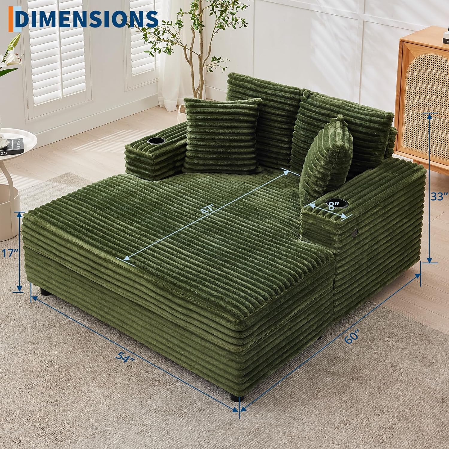 60 inch Oversized Chaise Lounge Chair Indoor,Upholstered Chaise Lounge with Cup Holder,Throw Pillows &Charging Station,Comfy Corduroy Sleeper & Reading Couch for Living Room,Bedroom,Office.Green.