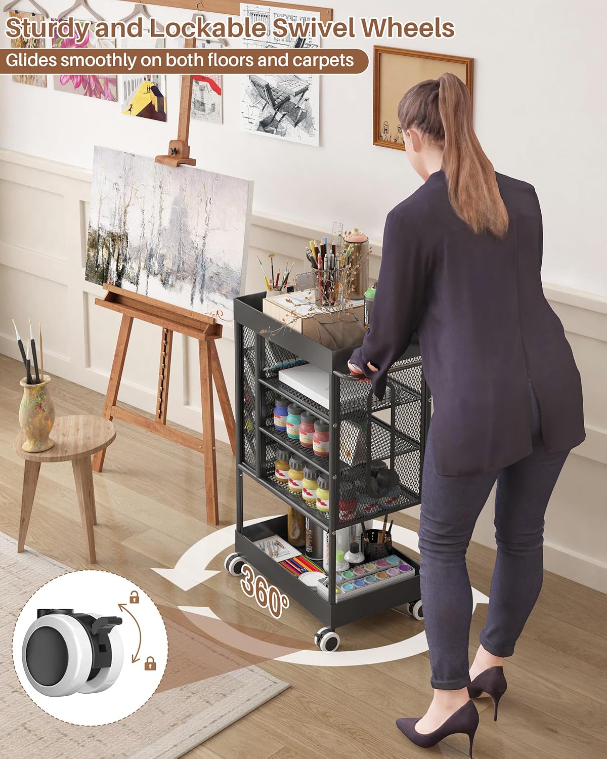 Art cart with a Metal top- Rolling Utility Cart & Organizer for Home- Multi-Functional with Handle Storage for Art Supplies, Store for Brushes,Paints,Small Parts(Black)