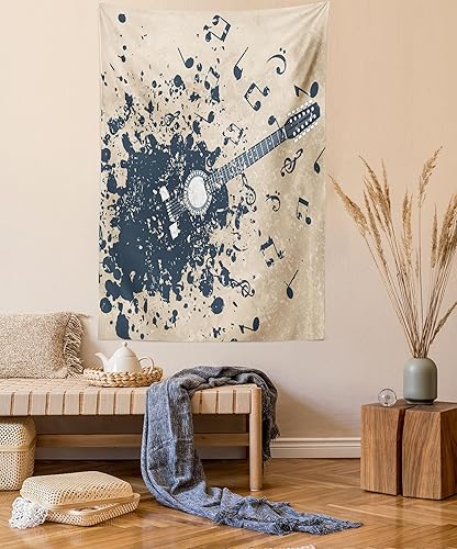 Ambesonne Tapiz moderno, guitarra acústica sobre fondo retro turbio notas musicales, ilustración de melodía, colgante de pared para dormitorio, sala