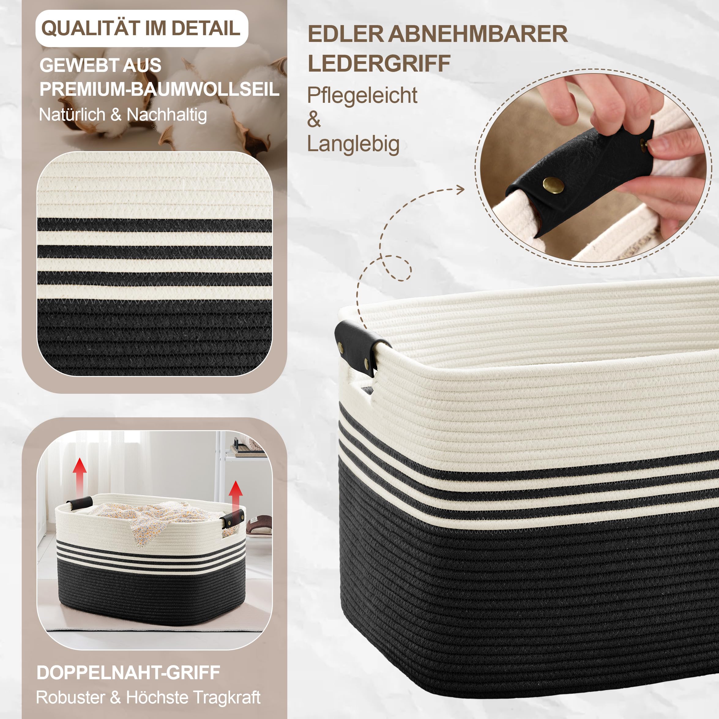 Cesto grande para ropa trenzado en cuerda de algodón, 86L, recipiente con asas de cuero, para mantas, ropa, juguetes, de lavandería para habitación infantil o salón, 60x40x36 cm, blanco y negro