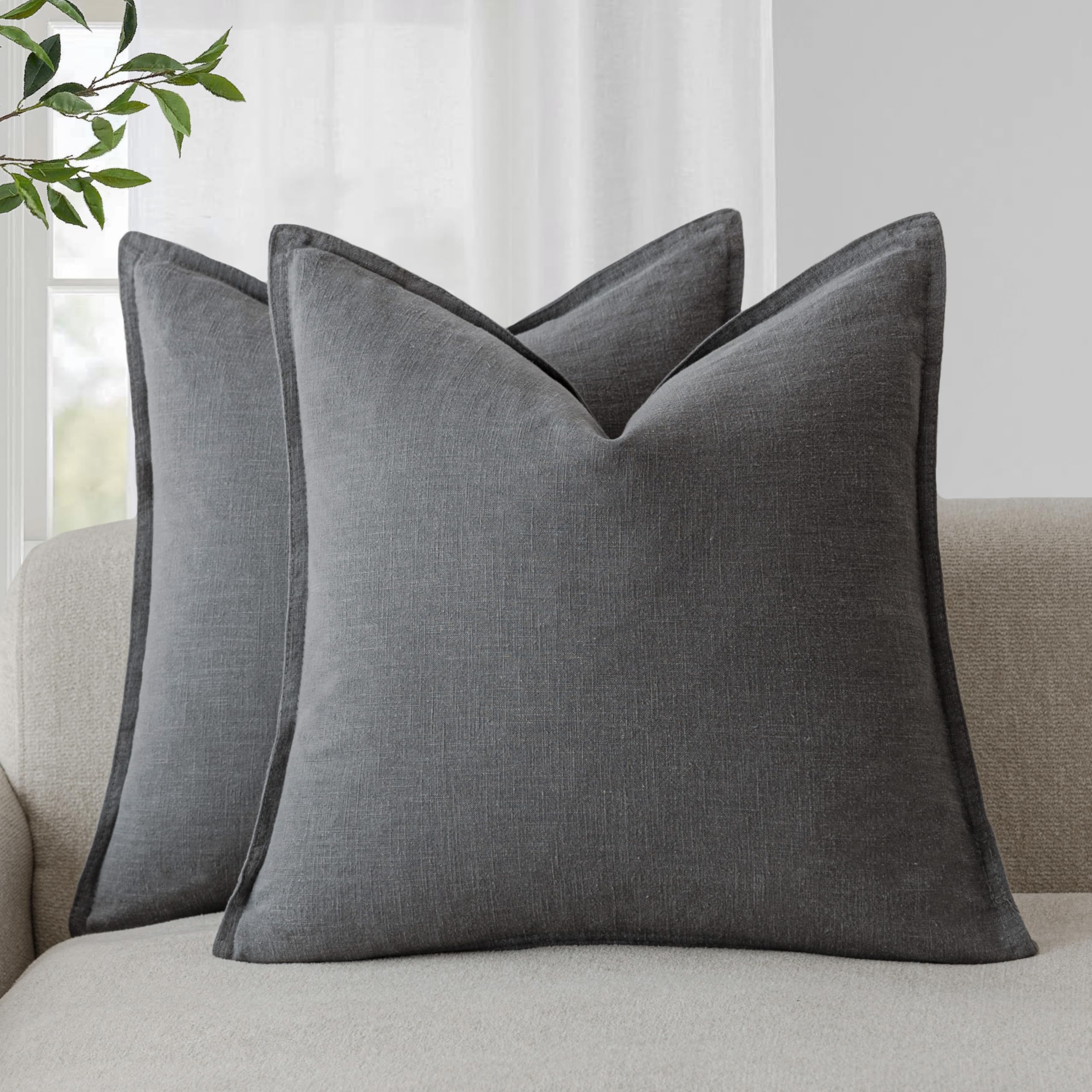 Foindtower Decorative Cushion Covers, Pack of 2, Square, Plain Colour, Soft Linen, Bohemian and Rustic Style, for Chair, Sofa, Bedroom, Living Room, Home Decor, 45.7 x 45.7 cm, Grey