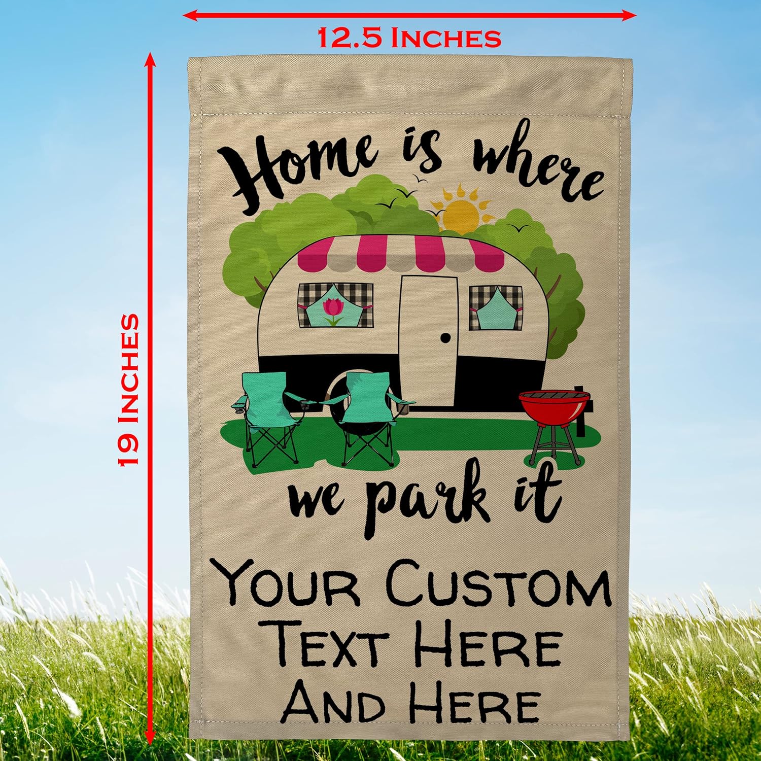Home is Where We Park It Personalized Campsite Sign Garden Flag, Customize Your Way, Printed on Tan Fabric (Black and Pink Camper)