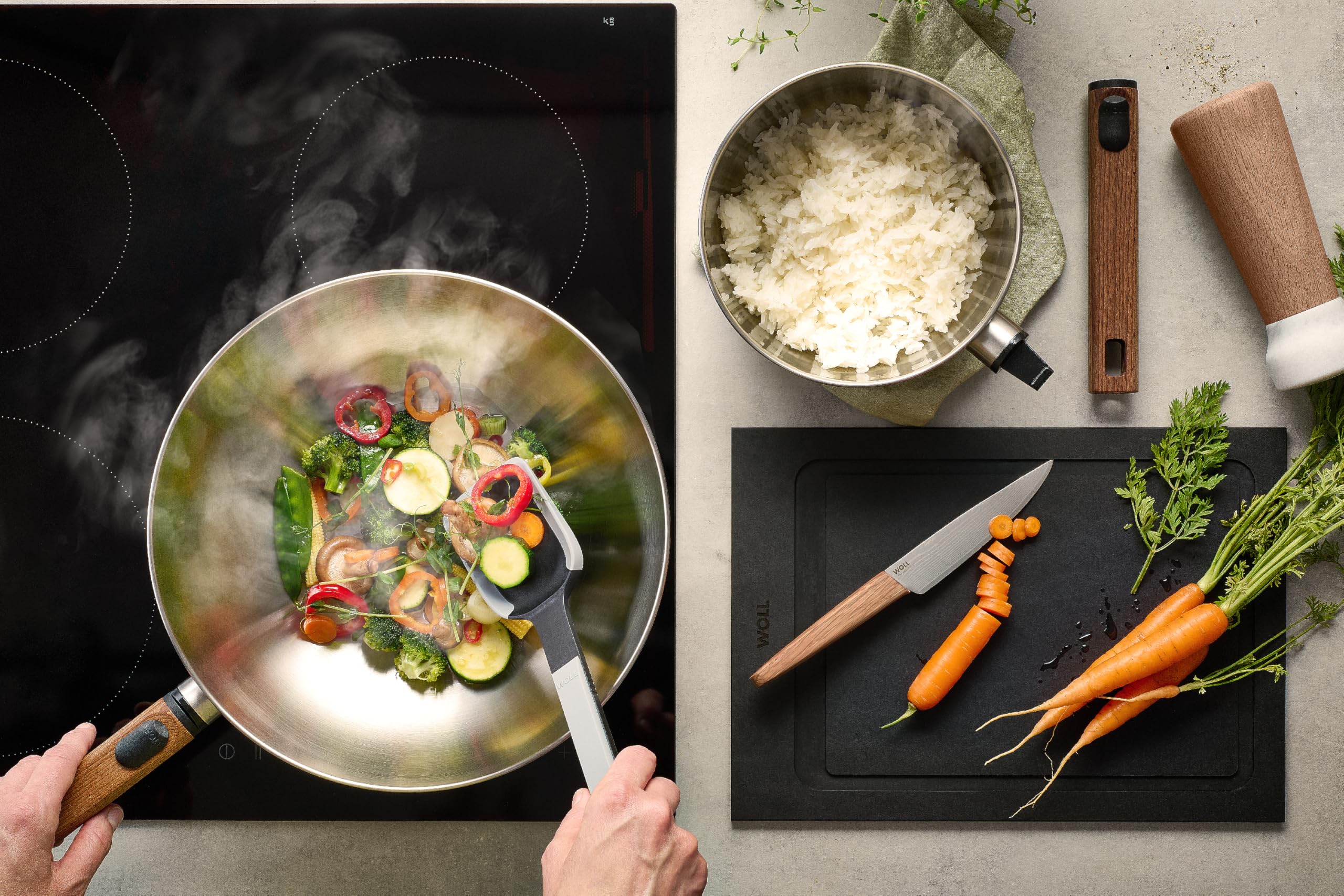 Woll – Logic Steel Wok- und Rührpfanne Ø 30 cm Edelstahl, 10 cm hoch – Induktion – PFAS-freier Antihaft Wok mit abnehmbarem Stiel – für alle Herdarten – robust & backofenfest