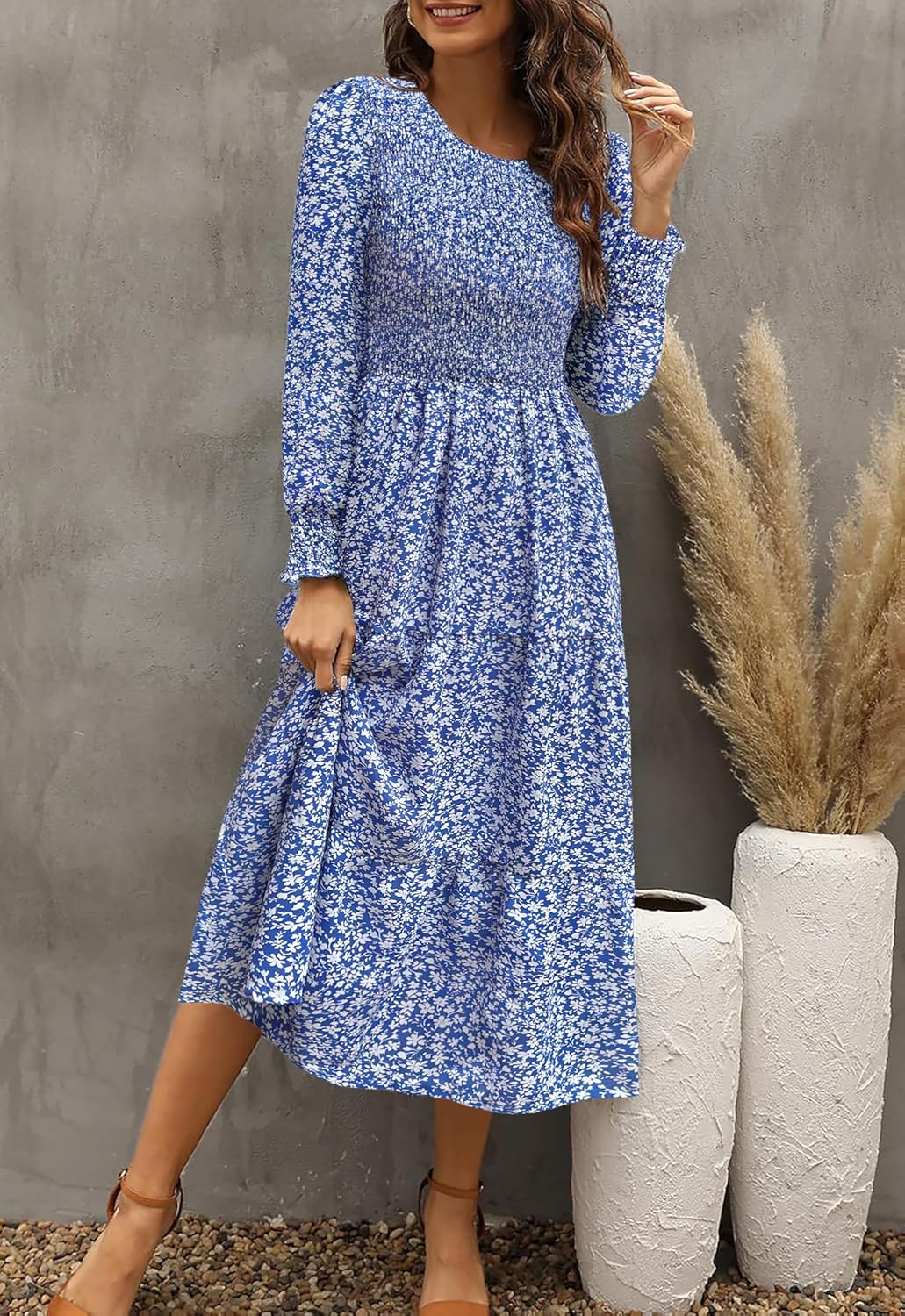 Zattcas Womens Spring Dresses 2026 Casual Long Sleeve Smocked Boho Floral Tiered Midi Wedding Guest Dress with Pockets