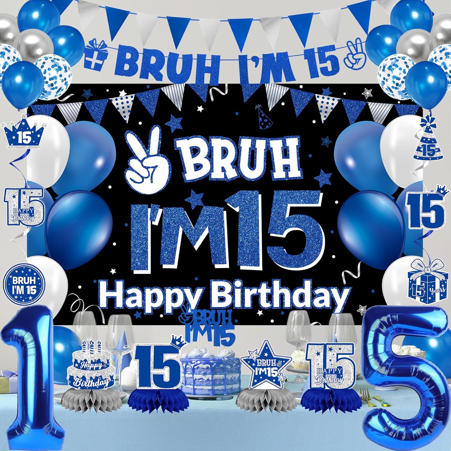 DARUNAXY 15th Birthday Party Decorations for Boys Girls, Blue Bruh I’m 15 Banner, 15 Number Balloons & Cake Topper, Sweet 15 Years Old Birthday Honeycomb Hanging Swirls Party Supplies