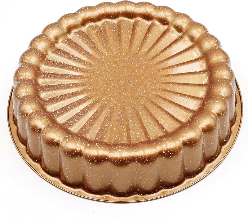 Kundalini Charlotte Cake Pan 10 Inch Heavy Duty Carbon Steel Fluted Mold with Non-Stick Coating Professional Decorative Round Pan for Wedding, Birthday & Holiday Baking Gold Ripple