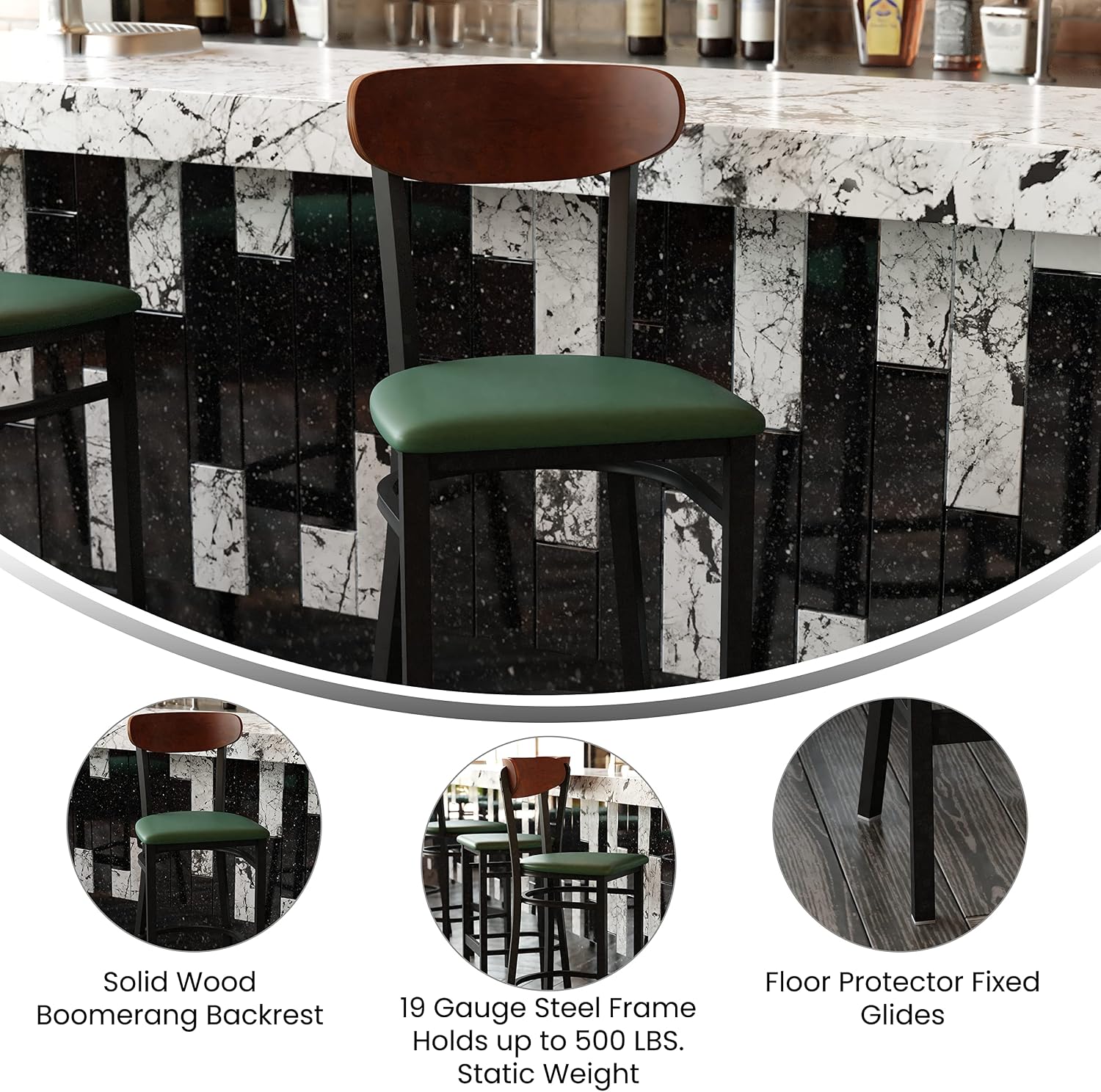 EMMA + OLIVER Yara Industrial Stool - Green Padded Vinyl Seat - Powder Coated Steel Frame - Wood Backrest - Floor Glides - 500 lb. Static Weight Capacity - Set of 2