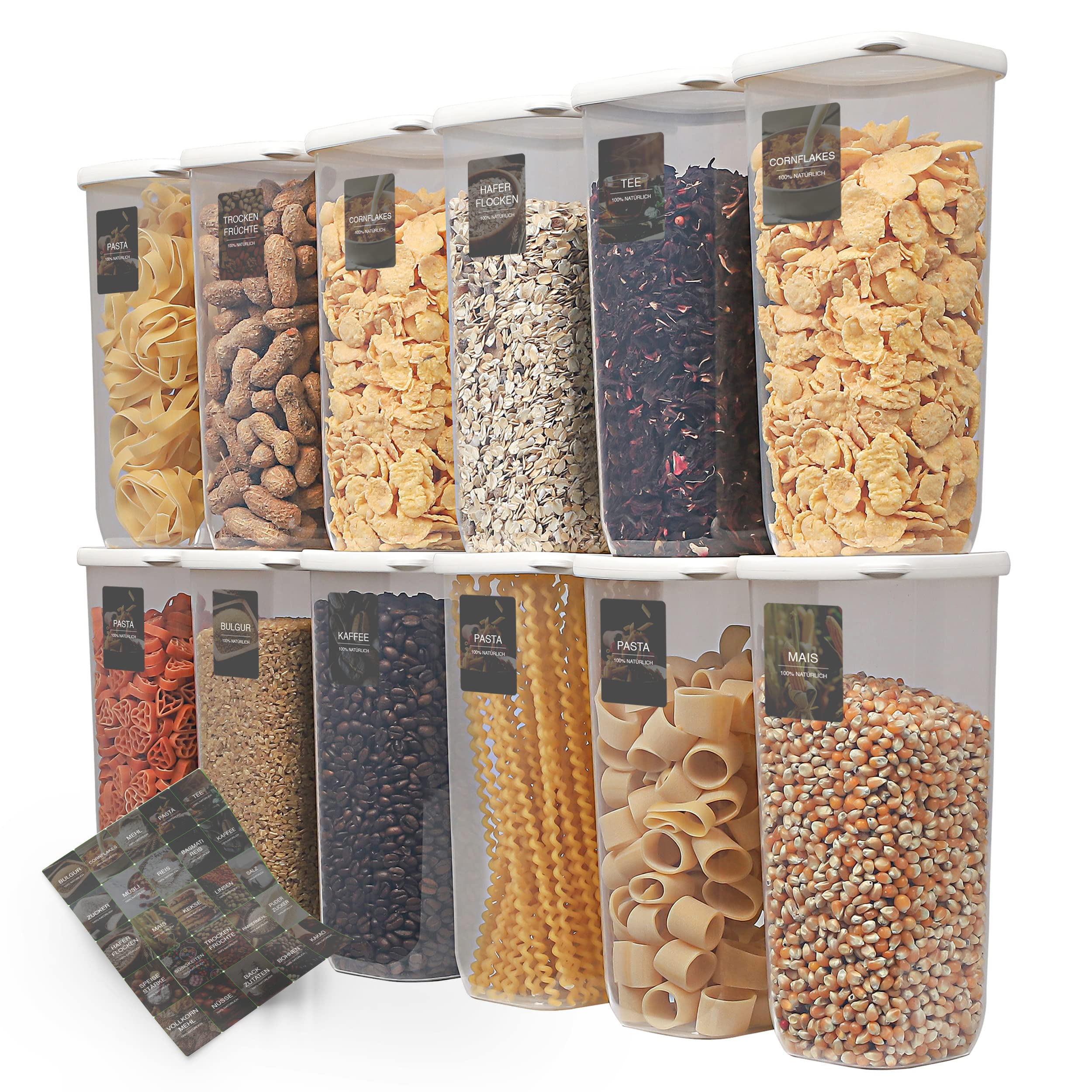 uandu Tarros herméticos con tapa – 12 unidades para cereales, harina y azúcar | Juego de recipientes de almacenamiento, sin BPA, 80 etiquetas para más orden