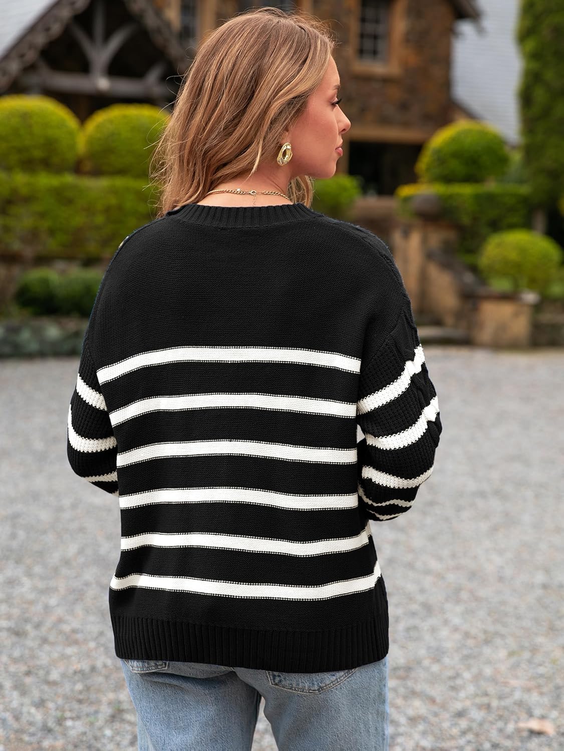 Glamaker Womens Striped Cable Knit Sweater Long Sleeve Crewneck Fall Pullover 2025 Trendy Winter Chunky Tops Fashion - Image 4