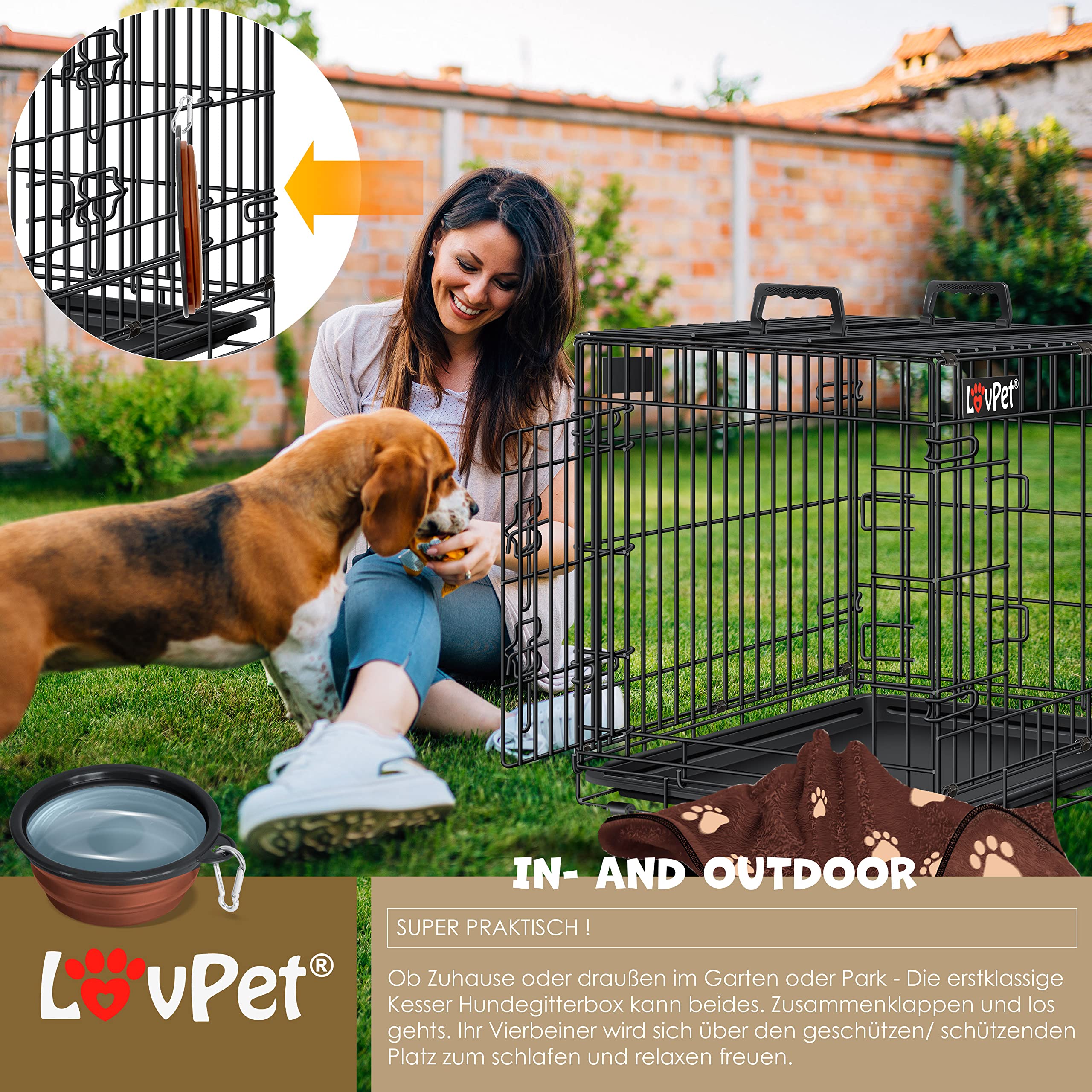 LOVPET® Jaula Plegable para Perros 92,5x57,5x64cm Negro con 2 Puertas, Incl. Manta Polar, Comedero y Bandeja Base