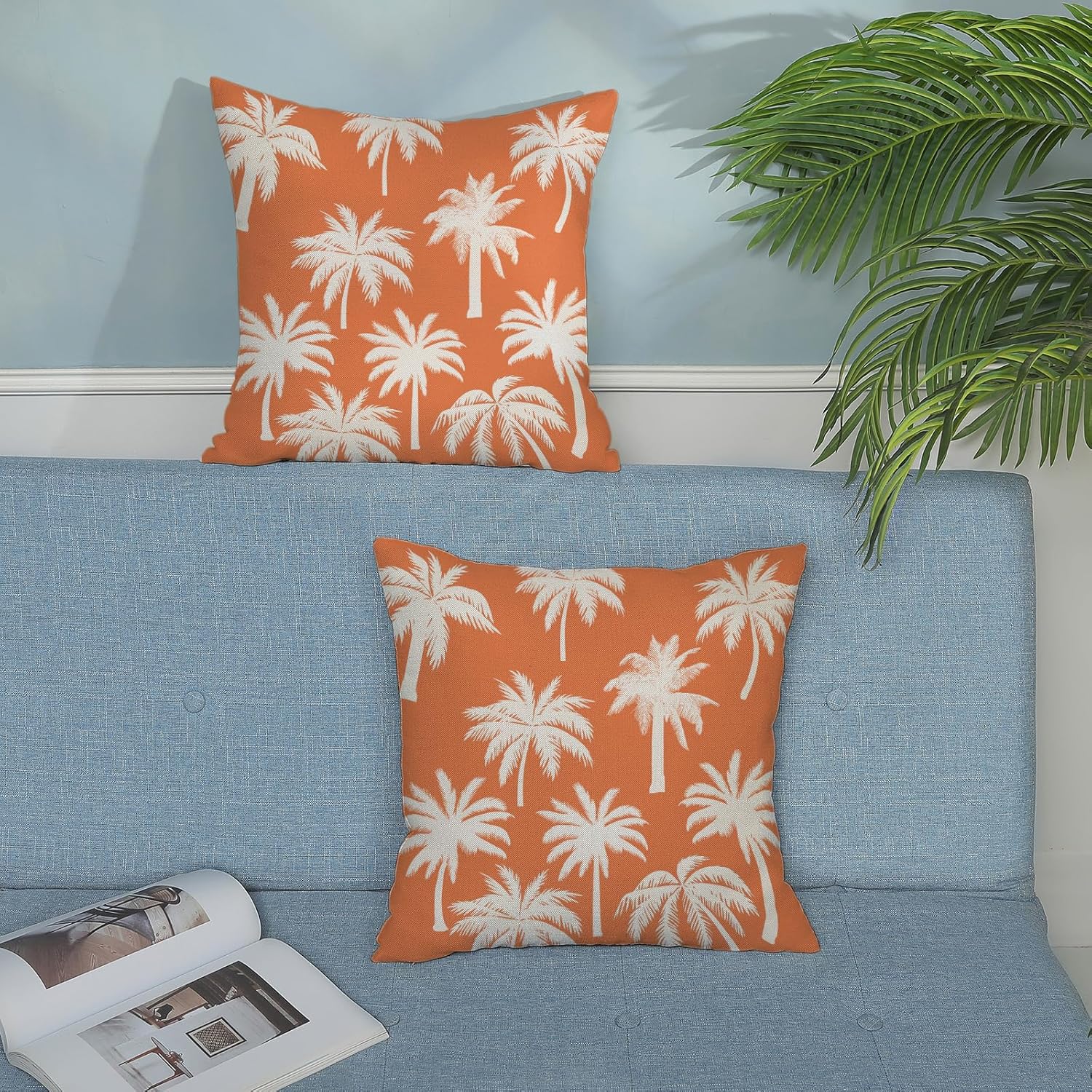 Burnt Orange Palm Tree Pillow Covers 18x18 Inch Set of 2 Vintage Tropical Decorative Pillow Cases Summer Outdoor Cushion Cover Farmhouse Linen Decoration Throw Pillows for Couch Living Room - Image 3
