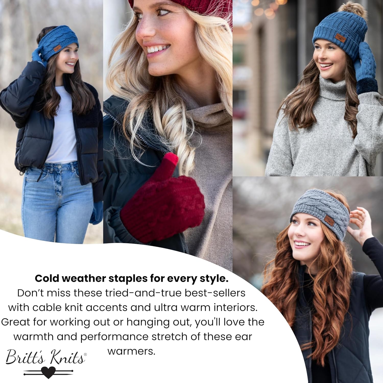 Britt's Knits Originals Knit Headwarmer, Originals Ultra Warm Mittens (Blue)