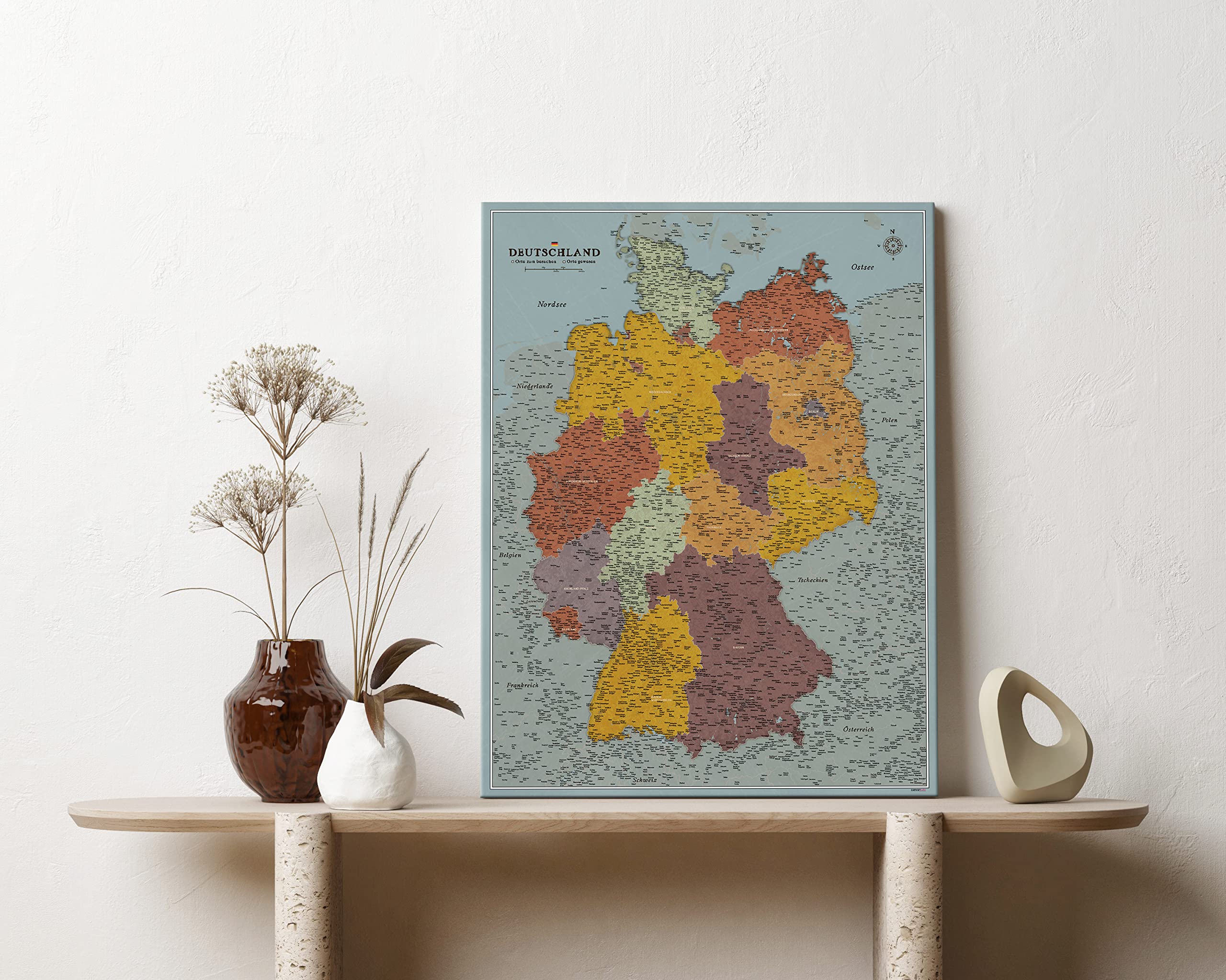 Płótno mapa Niemiec z korkiem do przypinania celów podróżnych, dekoracja ścienna do każdego pomieszczenia – wysokiej jakości obrazy na płótnie z mapą Niemiec w różnych rozmiarach